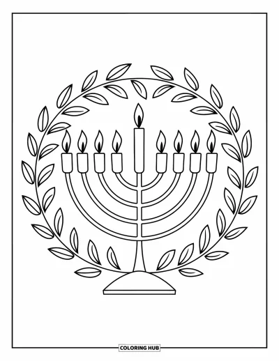 Hanuka kifestő felnőtteknek: Menóra és drédel jelenet “Hanukkah” feliratú girland alatt