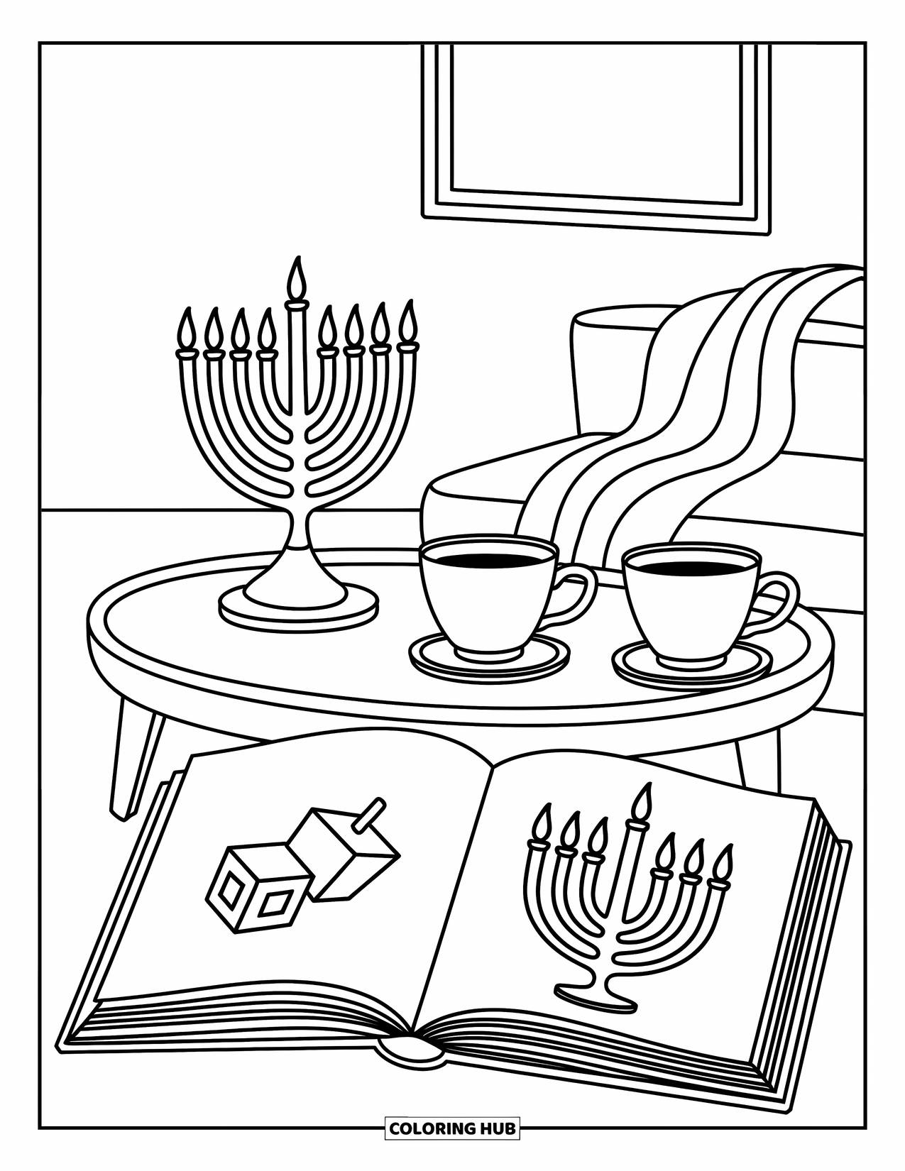 Hanukkah Coloring Page for Adults: A peaceful Hanukkah scene with menorah, blanket, and ìFestival of Lights.î