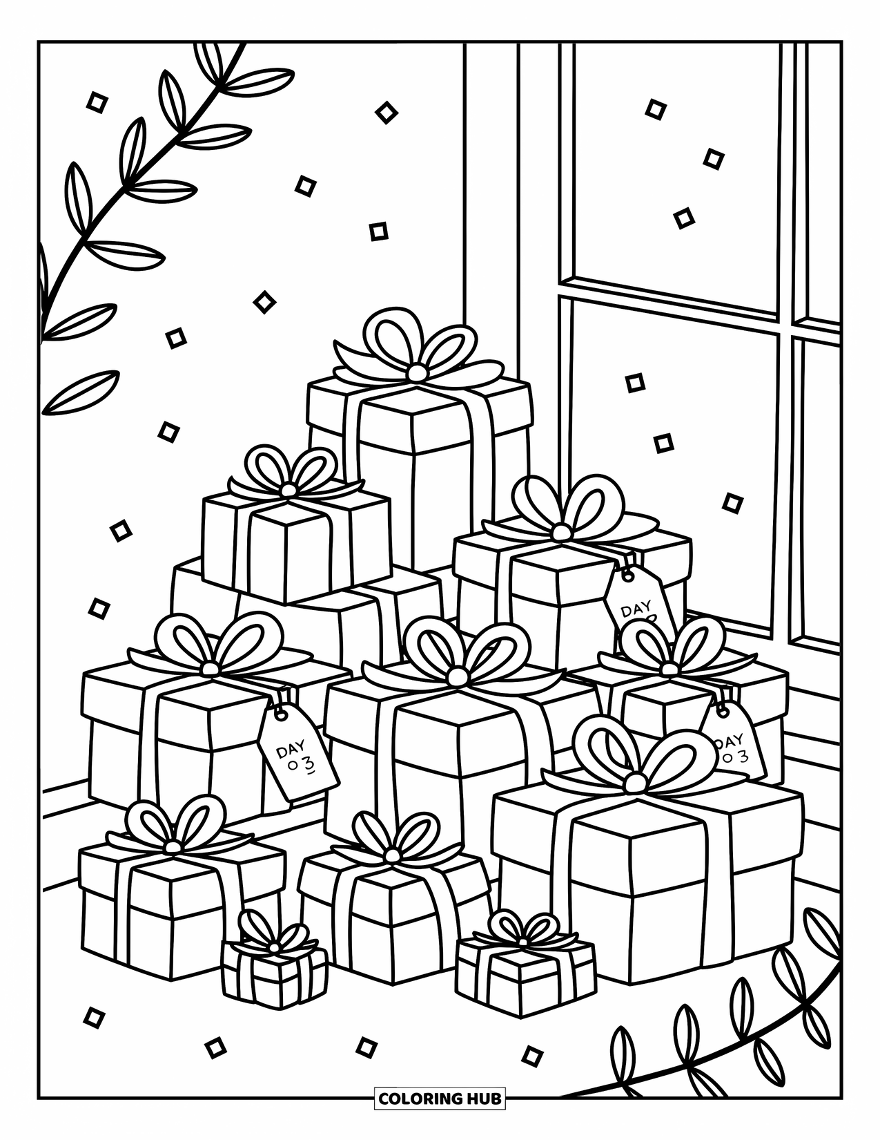 Hanukkah Coloring Page for Adults: A pile of wrapped Hanukkah gifts labeled ìDay 3î near a bright window
