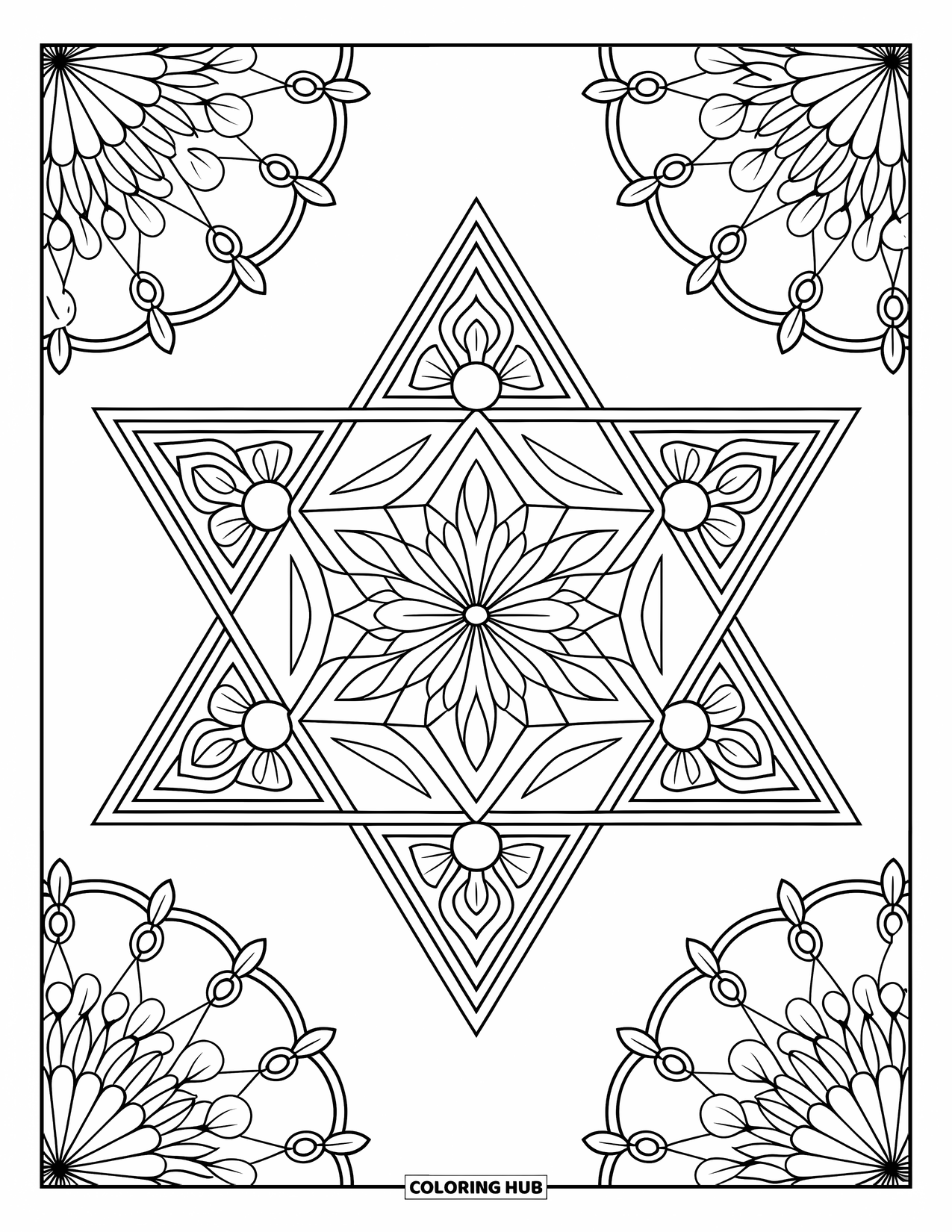 Hanukkah Coloring Page for Adults: A Star of David filled with symmetrical floral mandala patterns