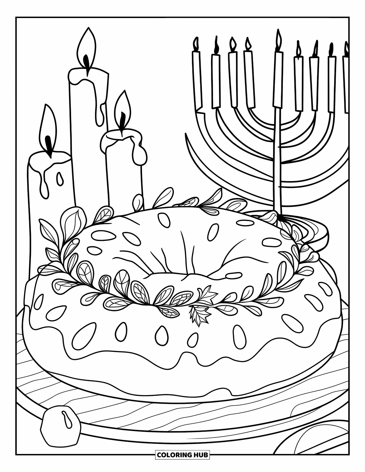 Hanukkah Coloring Page for Adults: A sufganiyah rests on a board framed by menorahs and candles