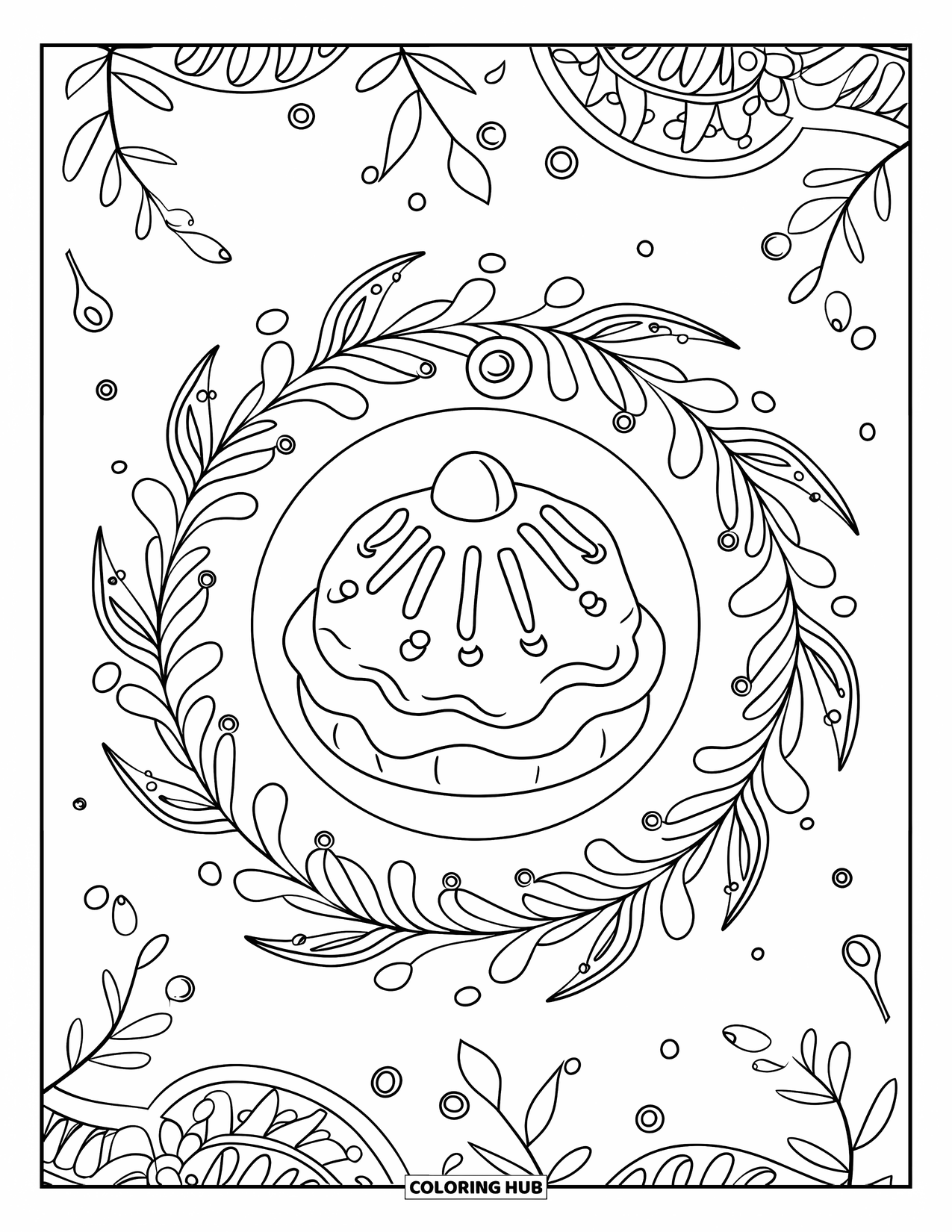 Hanukkah Coloring Page for Adults: A sufganiyah surrounded by jelly drops and floral mandala rings