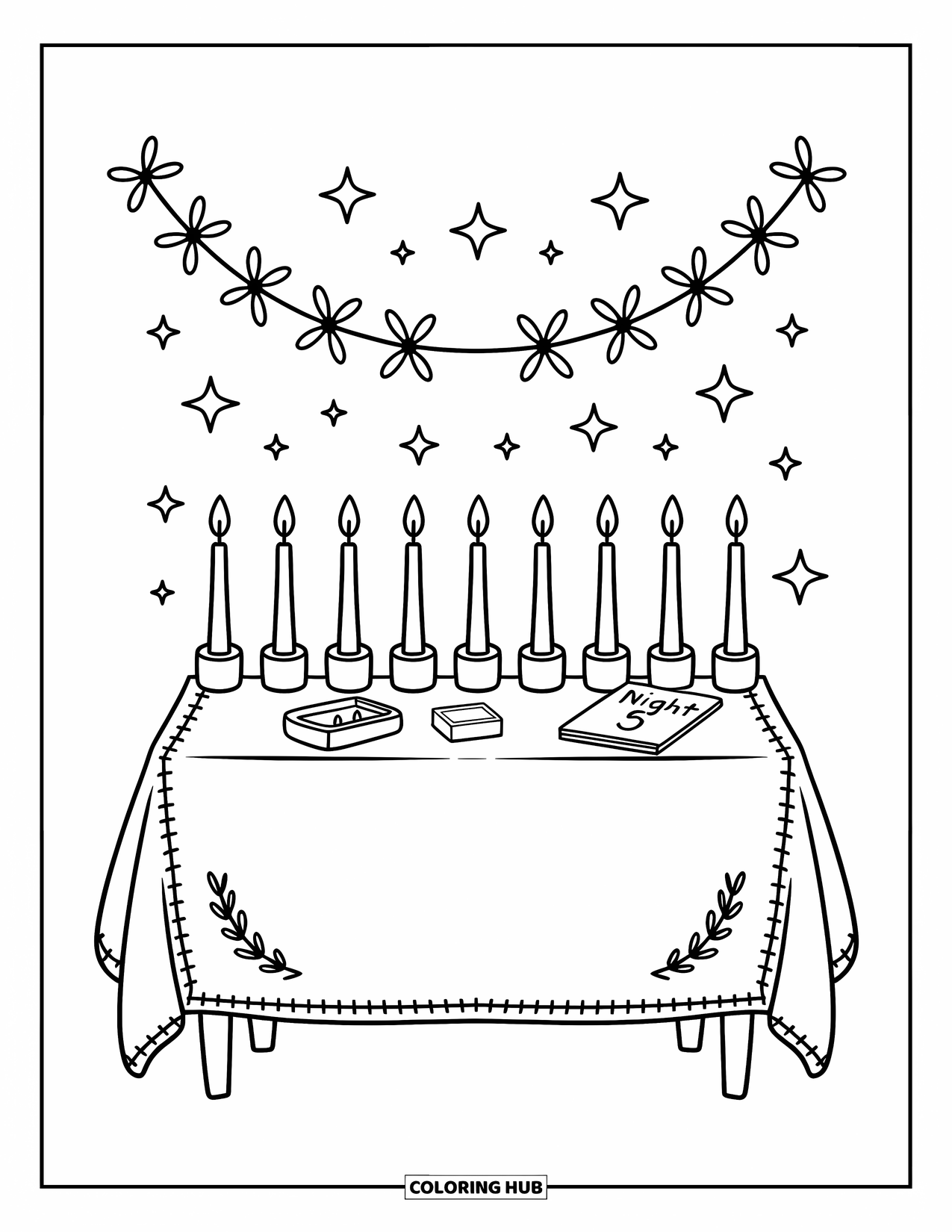 Hanukkah Coloring Page for Adults: A sweet candle table with ìNight 5î card and tiny star garland