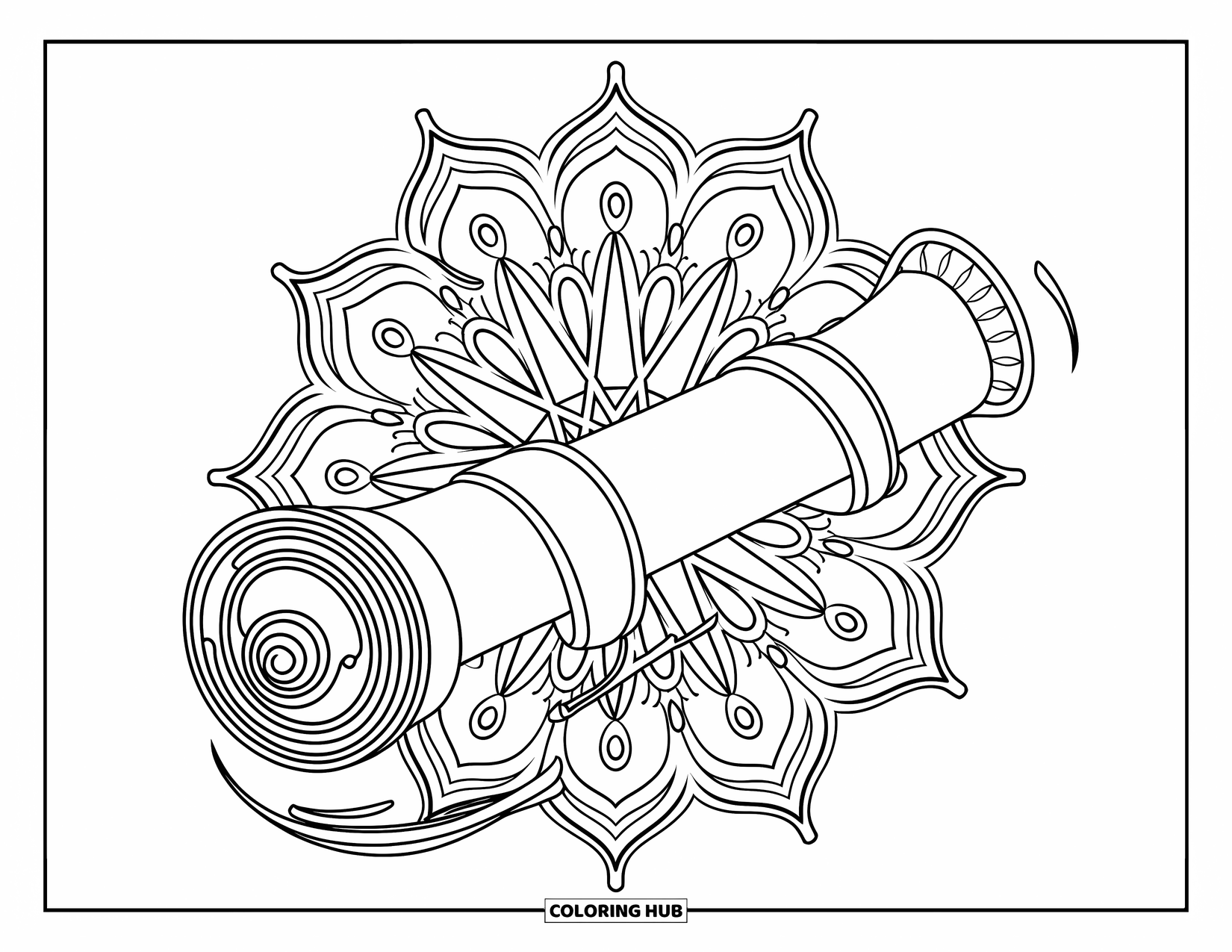 Hanukkah Coloring Page for Adults: A Torah scroll unfolds among olive branches and glowing mandala rays