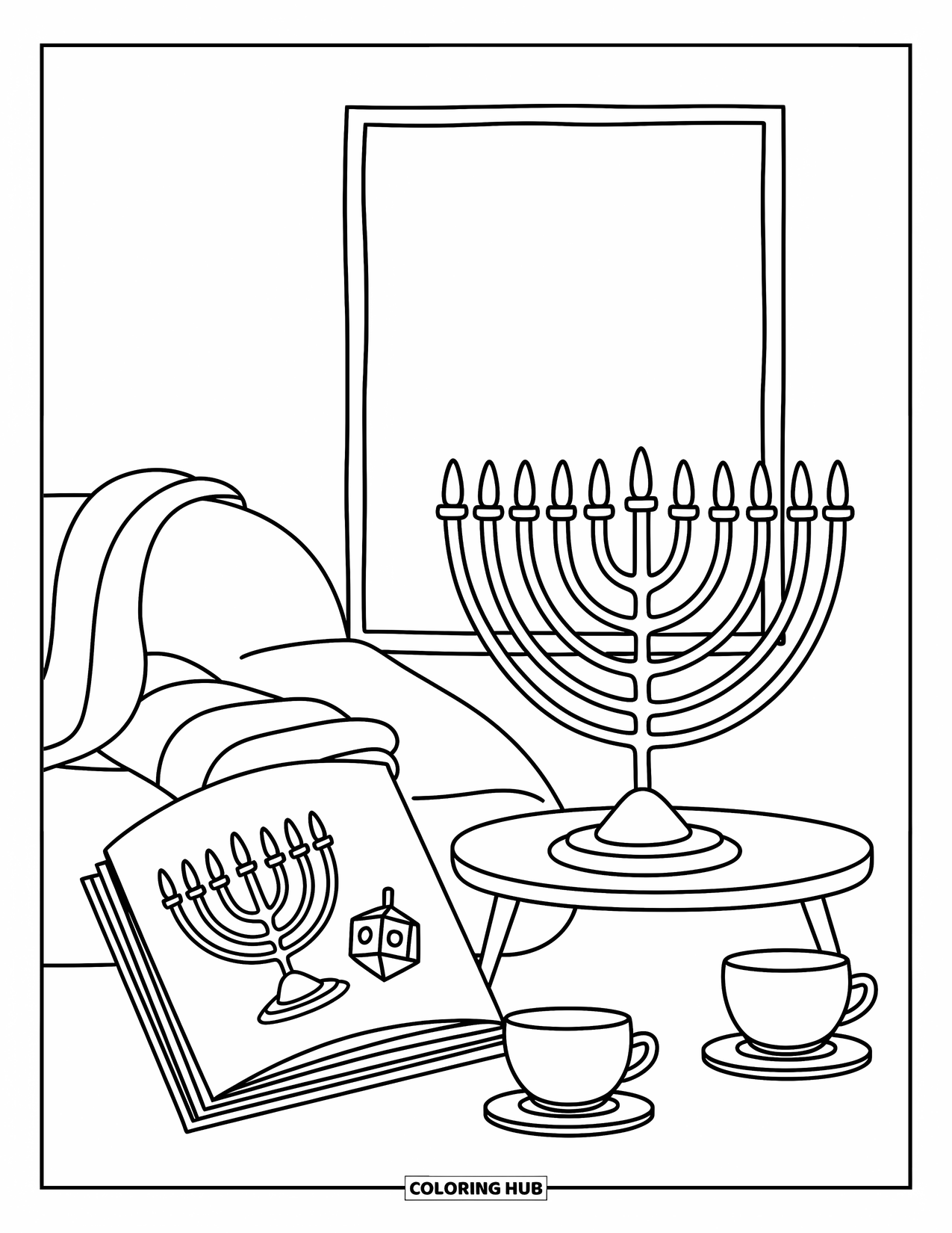 Hanukkah Coloring Page for Adults: A warm Hanukkah corner with menorah, teacups, and cozy cushions