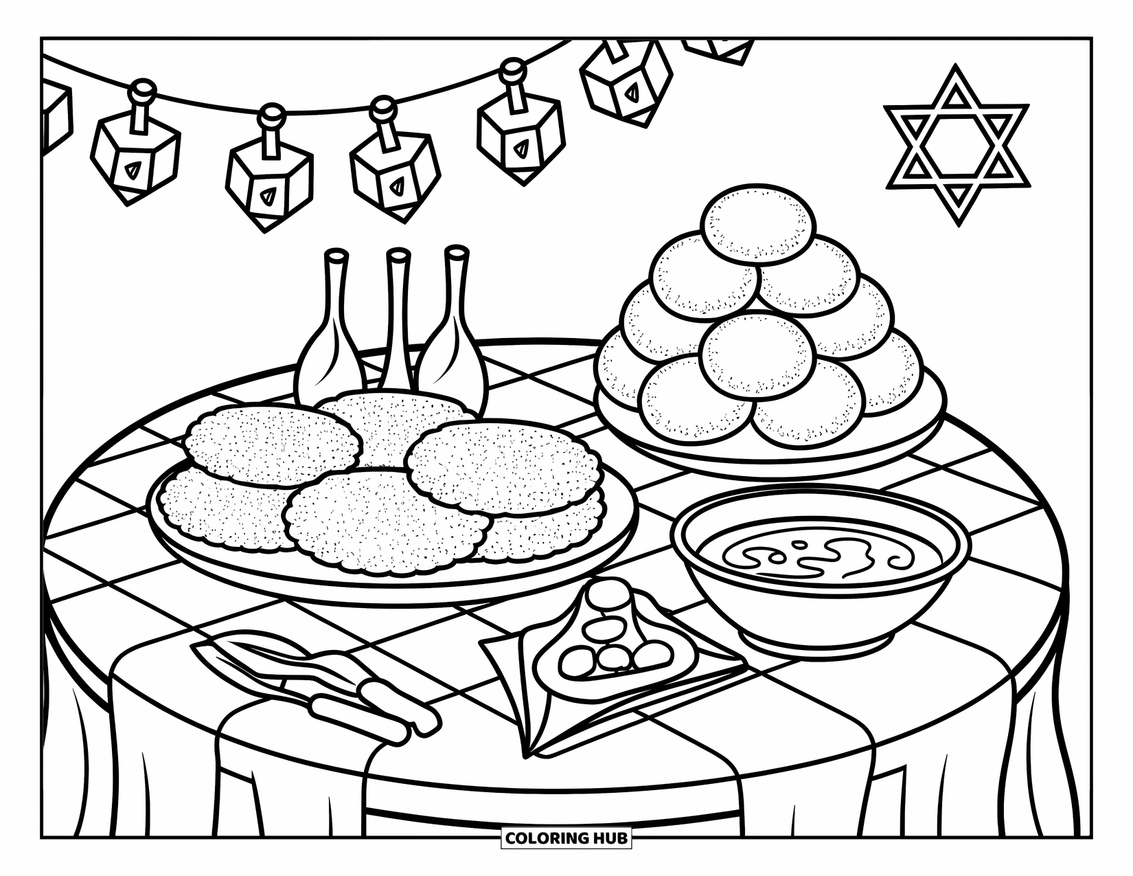 Hanukkah Coloring Page for Adults: A warm Hanukkah table with latkes, sufganiyot, and a Star of David napkin