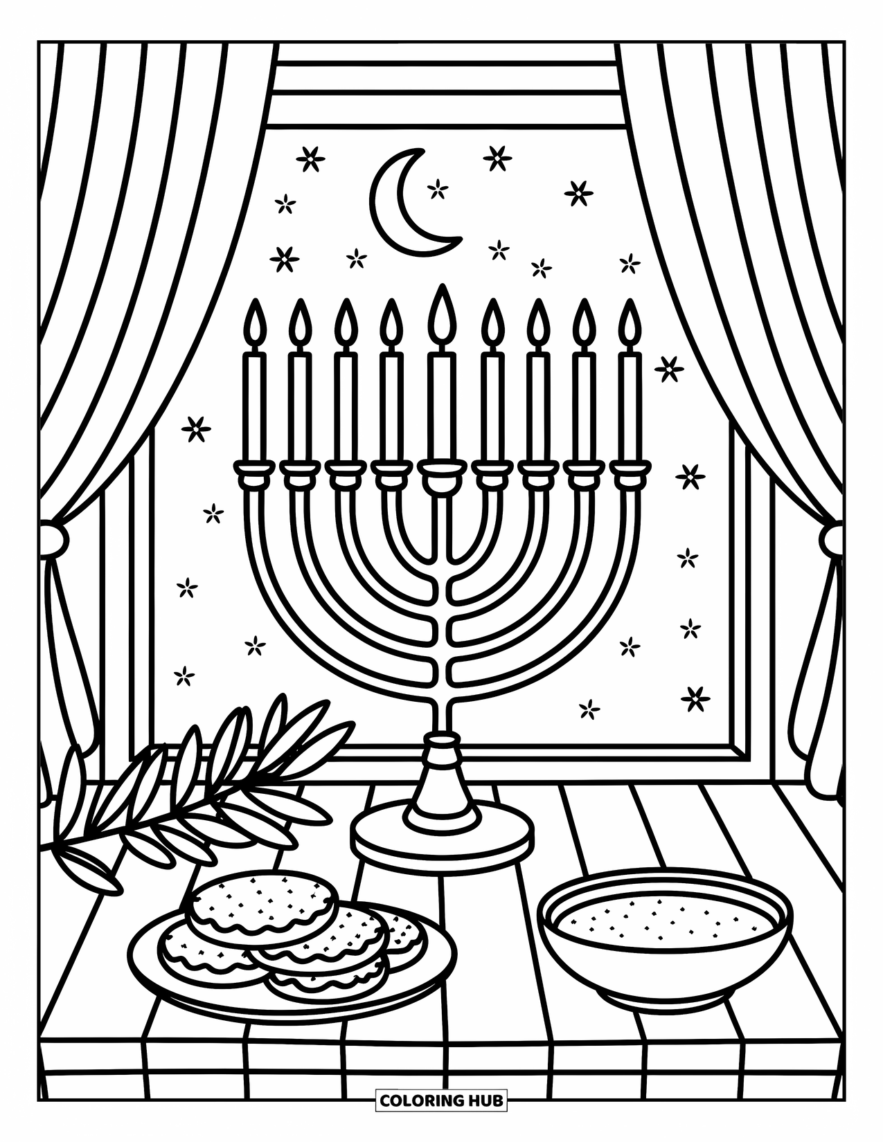 Hanukkah Coloring Page for Adults: A warm Hanukkah windowsill with menorah, latkes, and soft moonlight