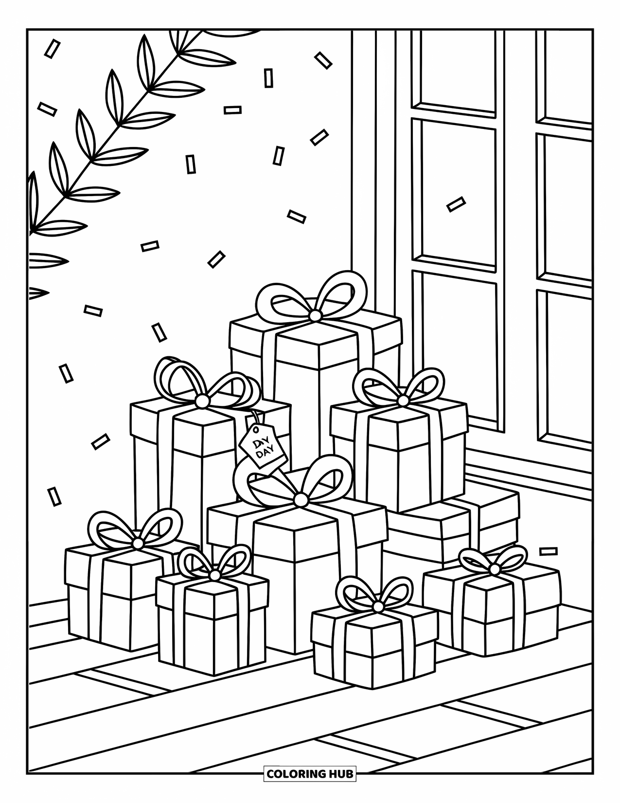Hanukkah Coloring Page for Adults: Adorable Hanukkah presents with bows and ìDay 3î tag by the window