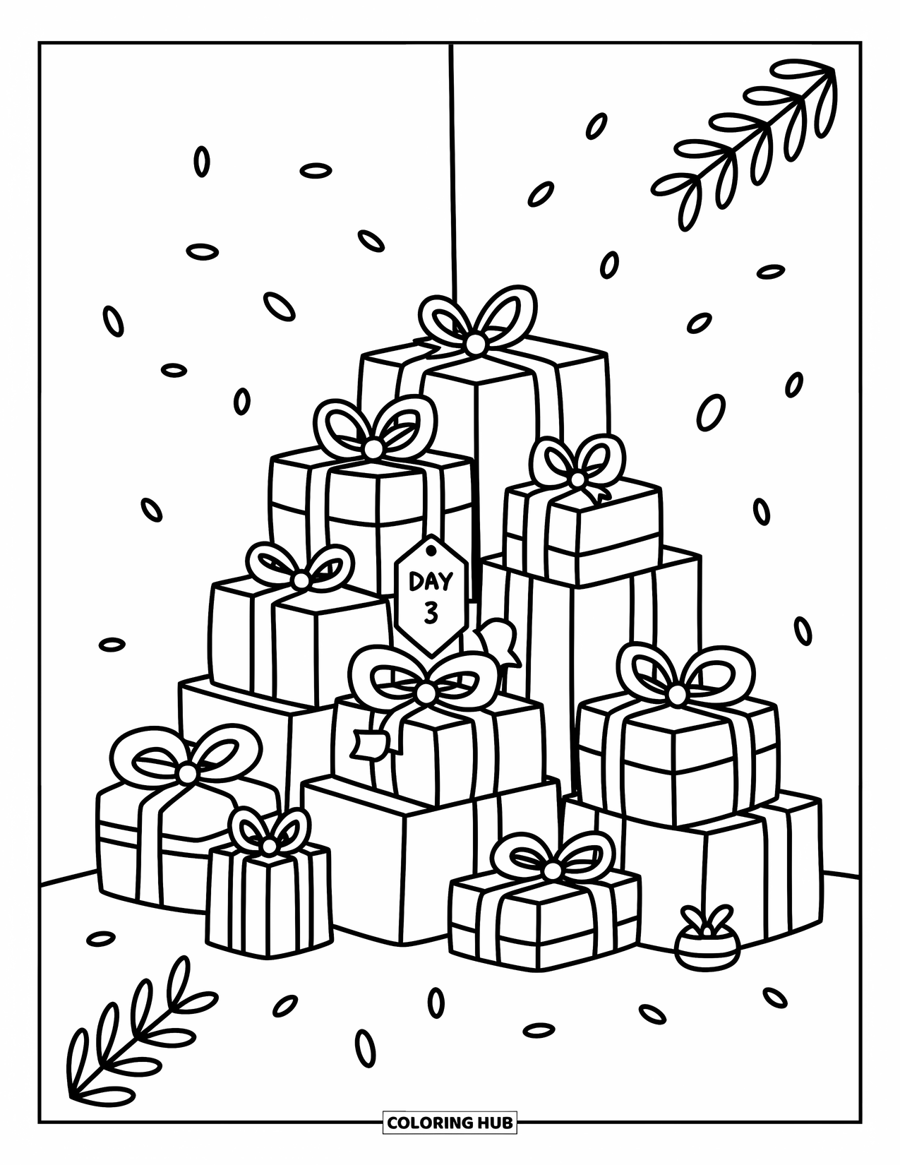 Hanukkah Coloring Page for Adults: Cute Hanukkah gifts by the window with confetti and olive leaves