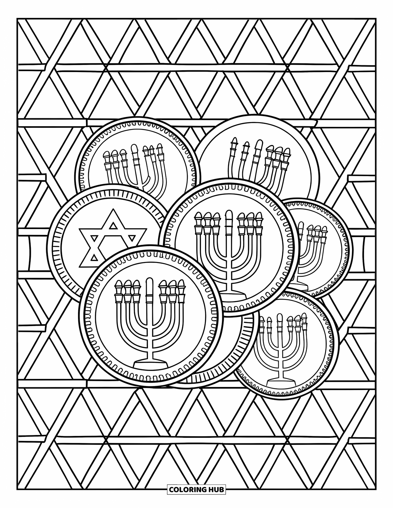 Hanukkah Coloring Page for Adults: Gelt coins layered atop stars and decorative stained-glass designs