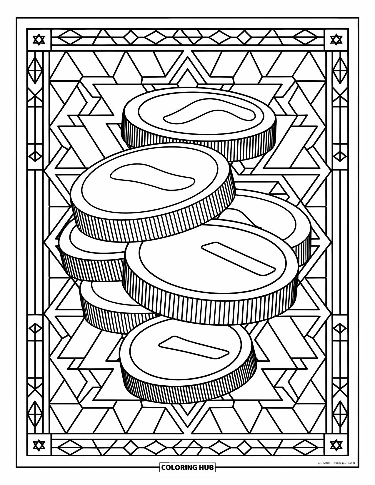 Hanukkah Coloring Page for Adults: Hanukkah coins sparkle on a stained-glass Star of David background