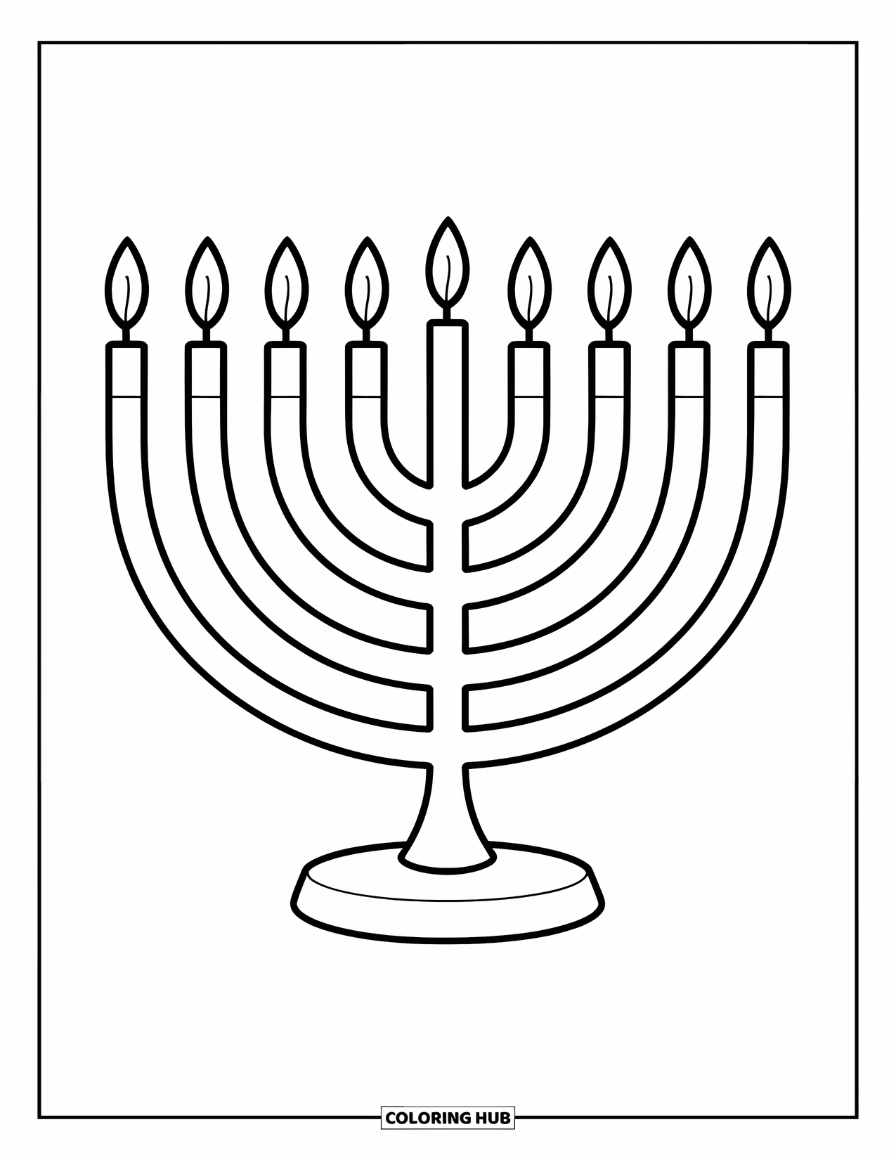 Hanukkah Coloring Page for Kids: A big menorah stands tall with nine simple candles