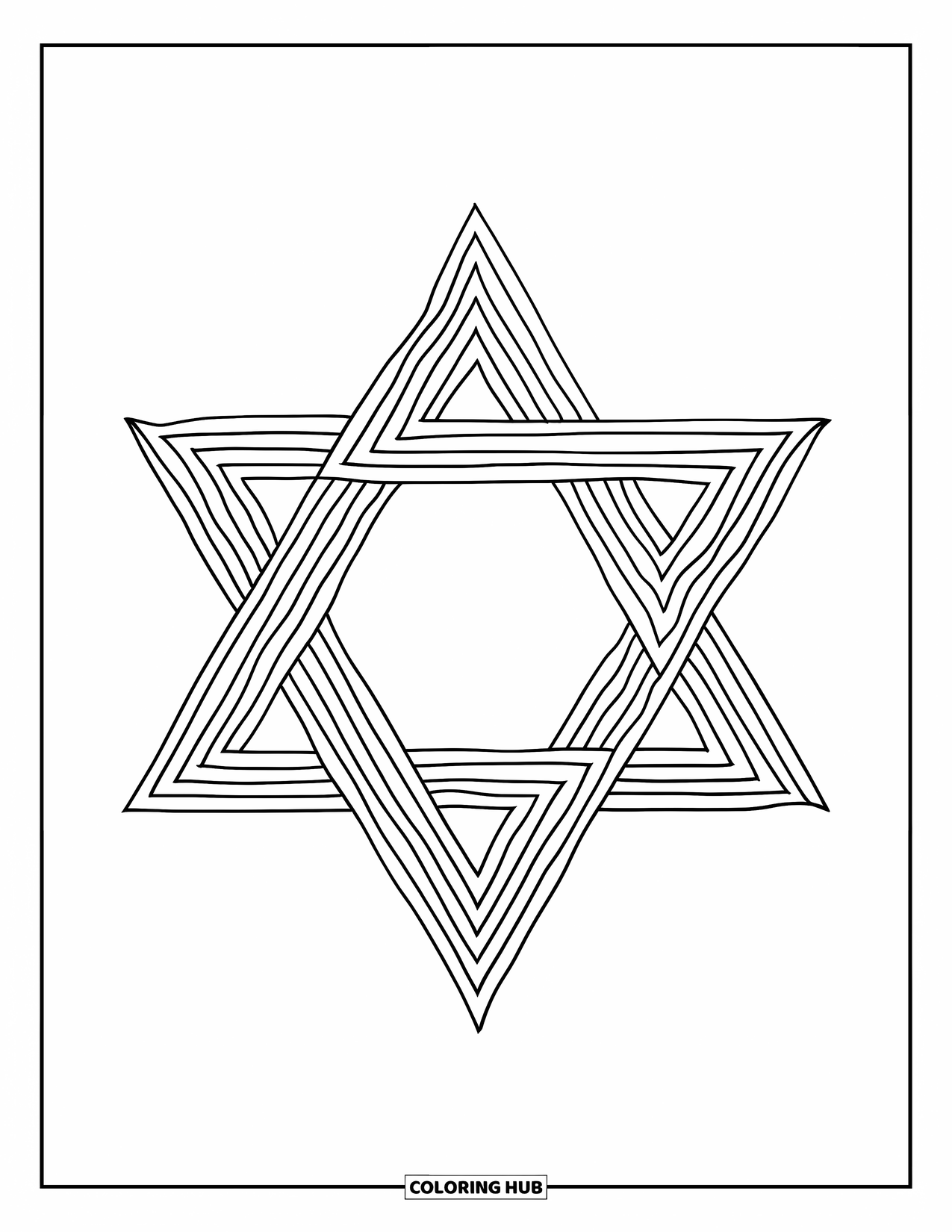 Hanukkah Coloring Page for Kids: A bold Star of David shines among menorahs and Hanukkah candles