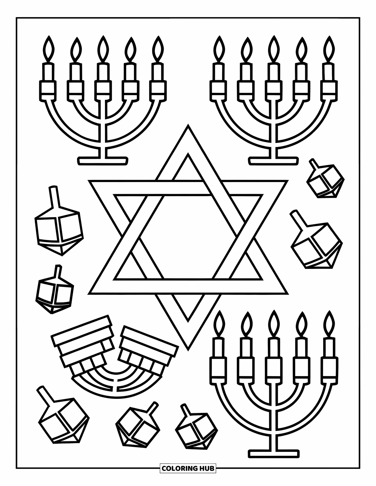 Hanukkah Coloring Page for Kids: A bright Star of David surrounded by menorahs and Hanukkah decor