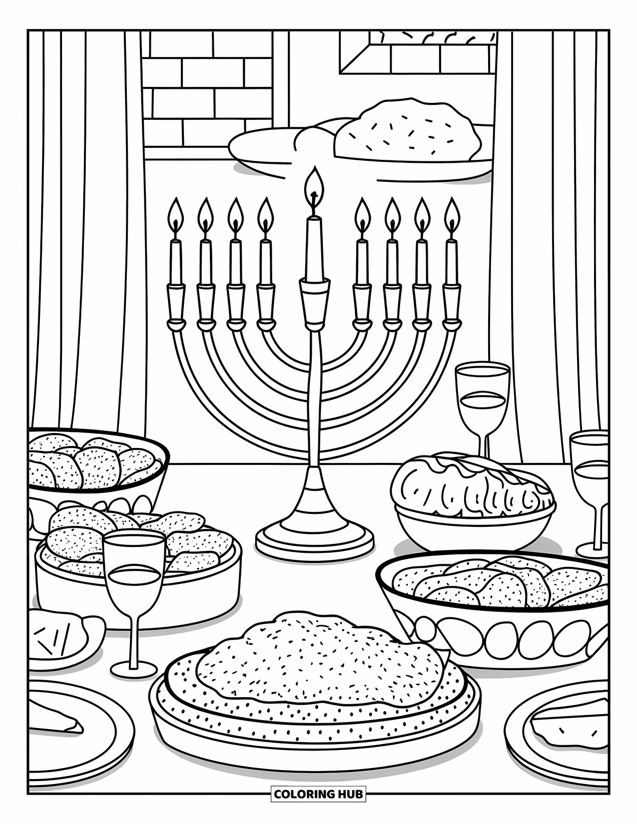 Hanukkah Coloring Page for Kids: A glowing menorah stands at the center of a Hanukkah feast