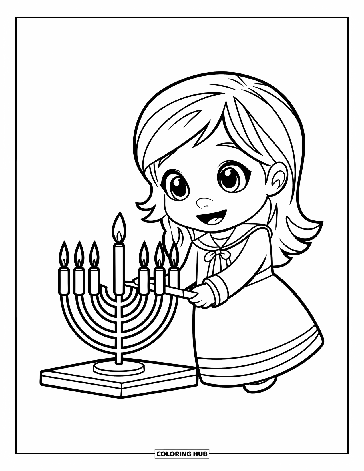 Hanukkah Coloring Page for Kids: A happy girl lights the first candle on her wooden menorah