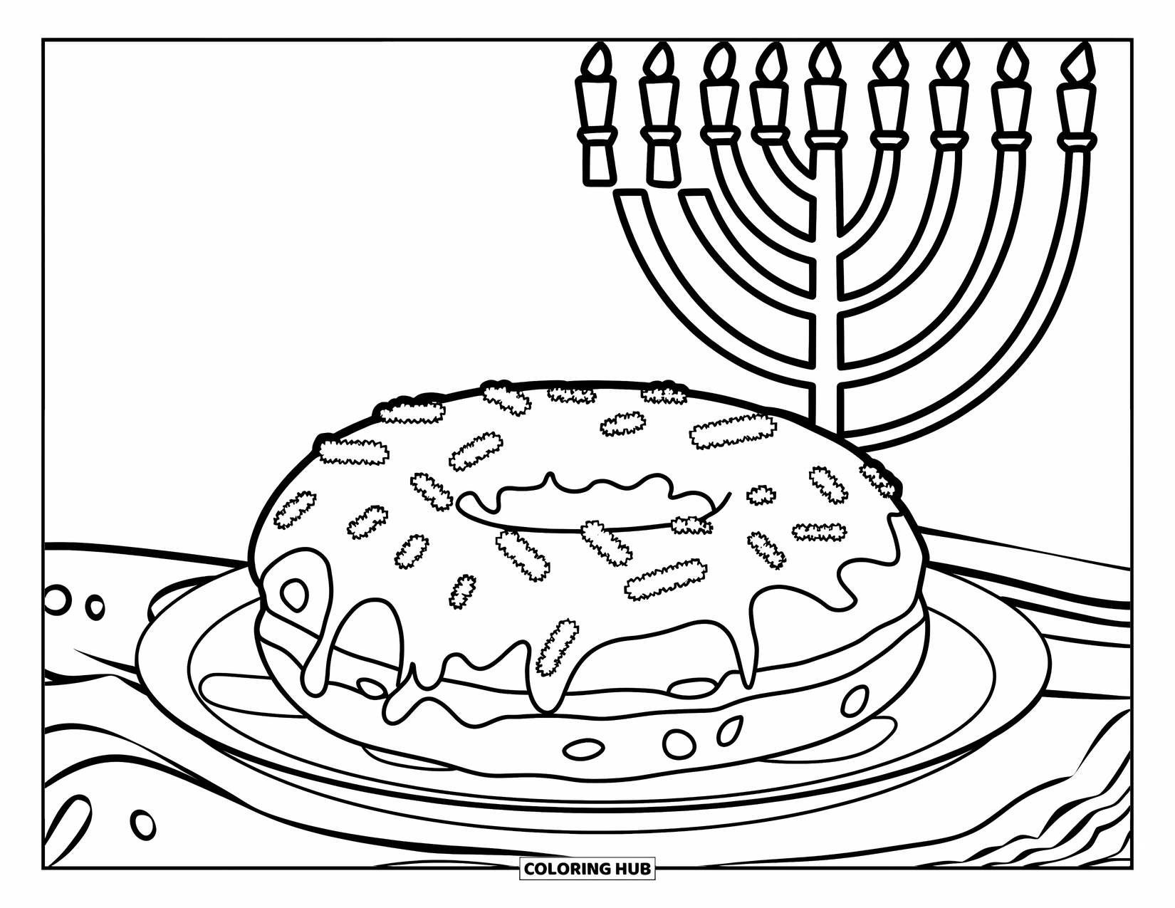 Hanukkah Coloring Page for Kids: A jelly-filled doughnut glows beside menorahs and dreidels