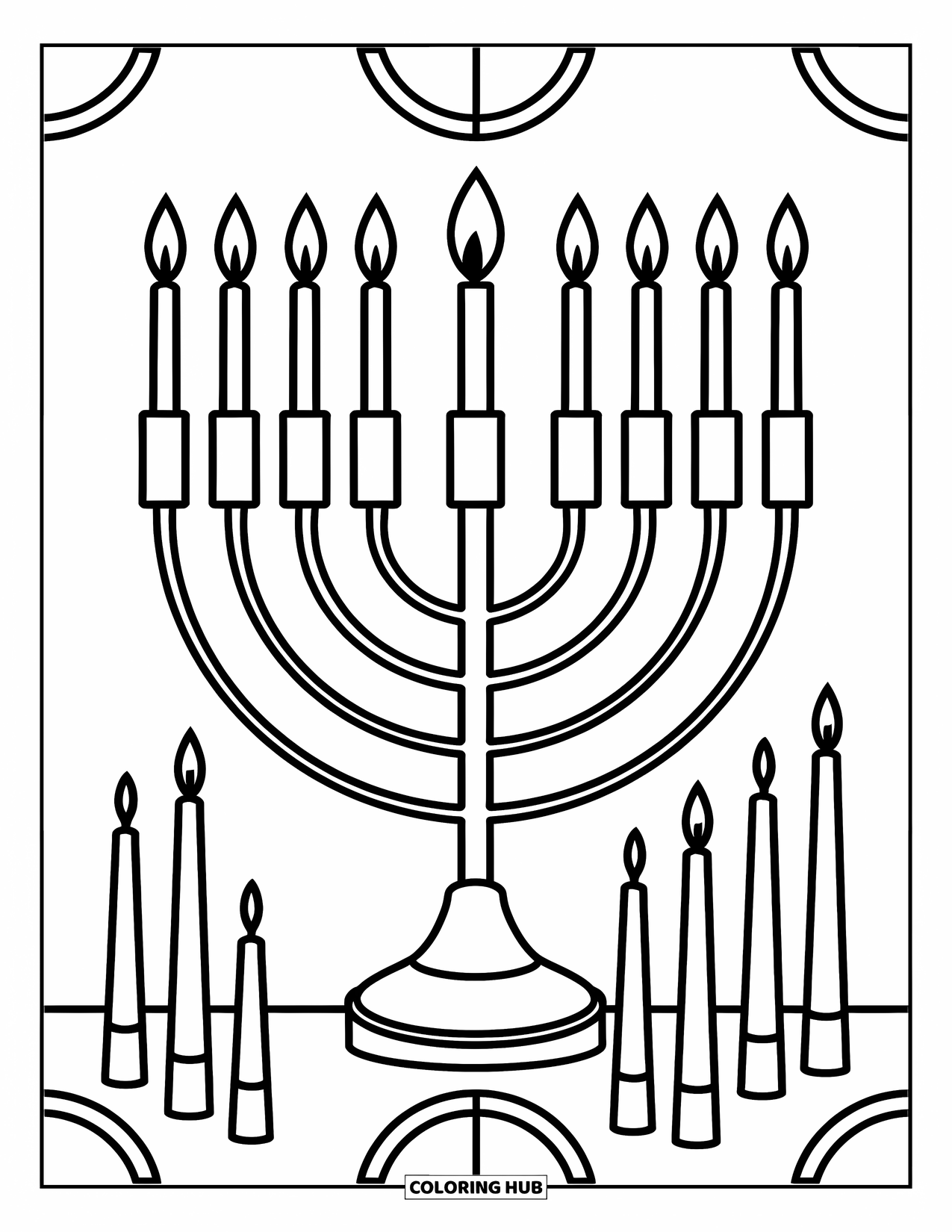 Hanukkah Coloring Page for Kids: A large menorah shines beside extra candles on a patterned floor