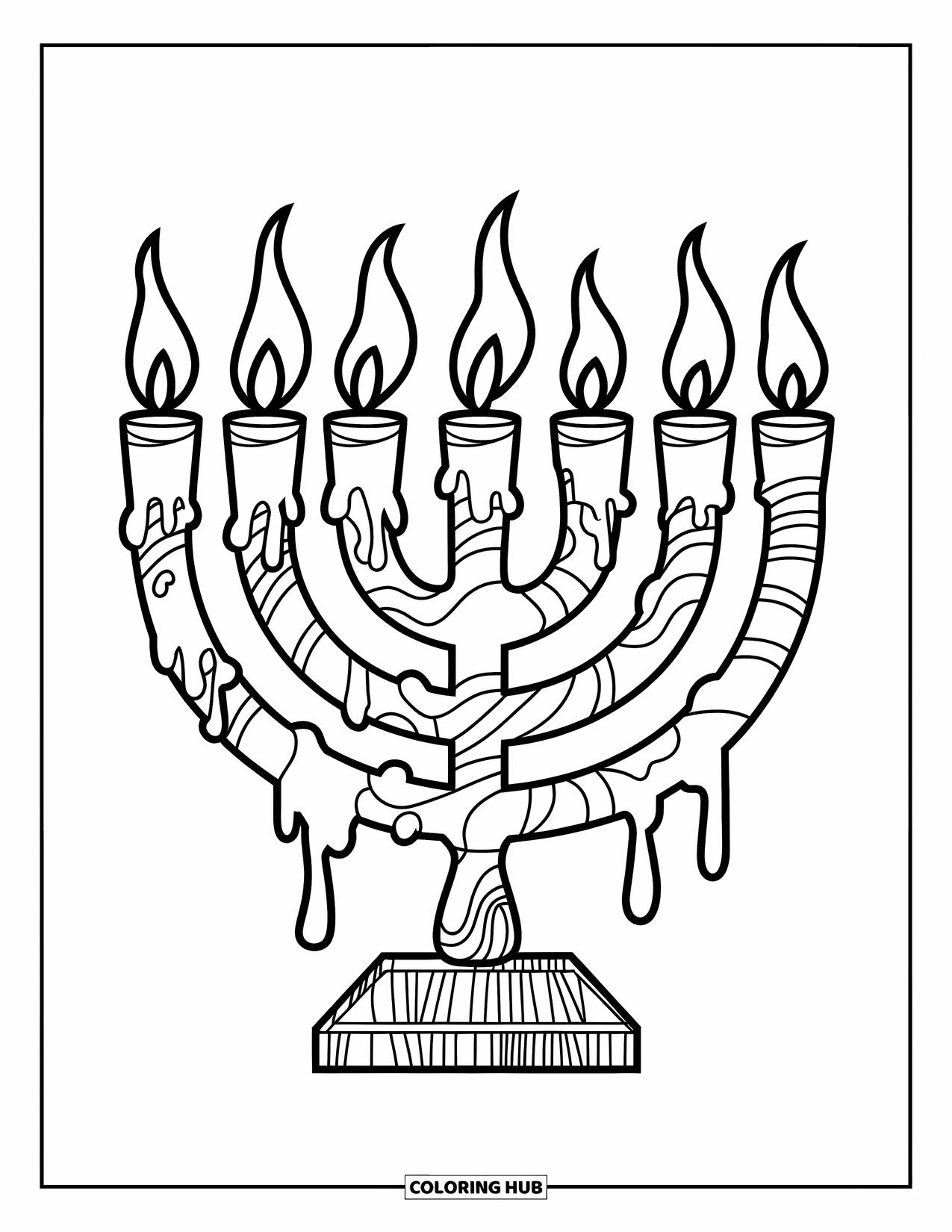 Hanukkah Coloring Page for Kids: A menorah drips wax as its candles flicker in soft light