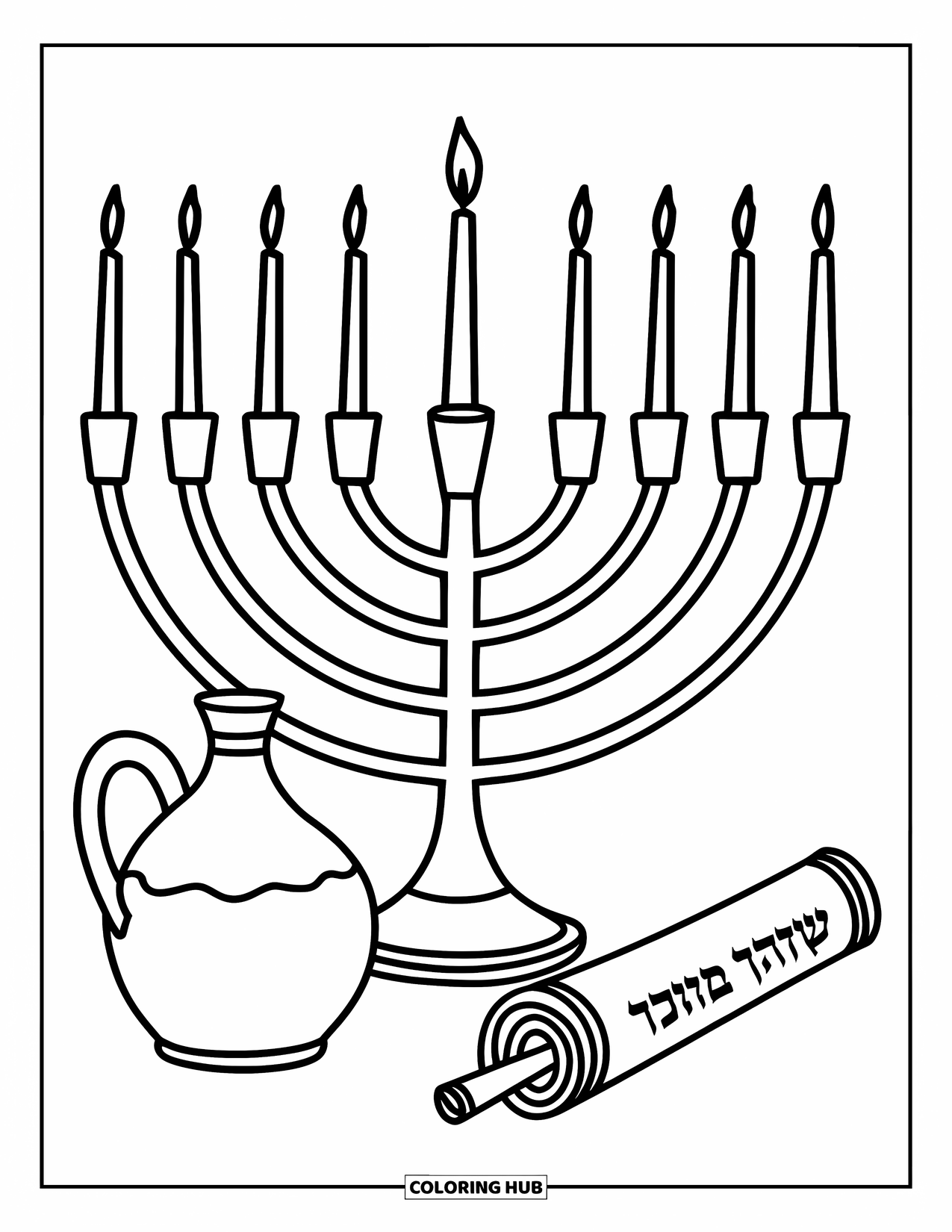 Hanukkah Coloring Page for Kids: A menorah glows beside an oil jug and ancient Hebrew scroll