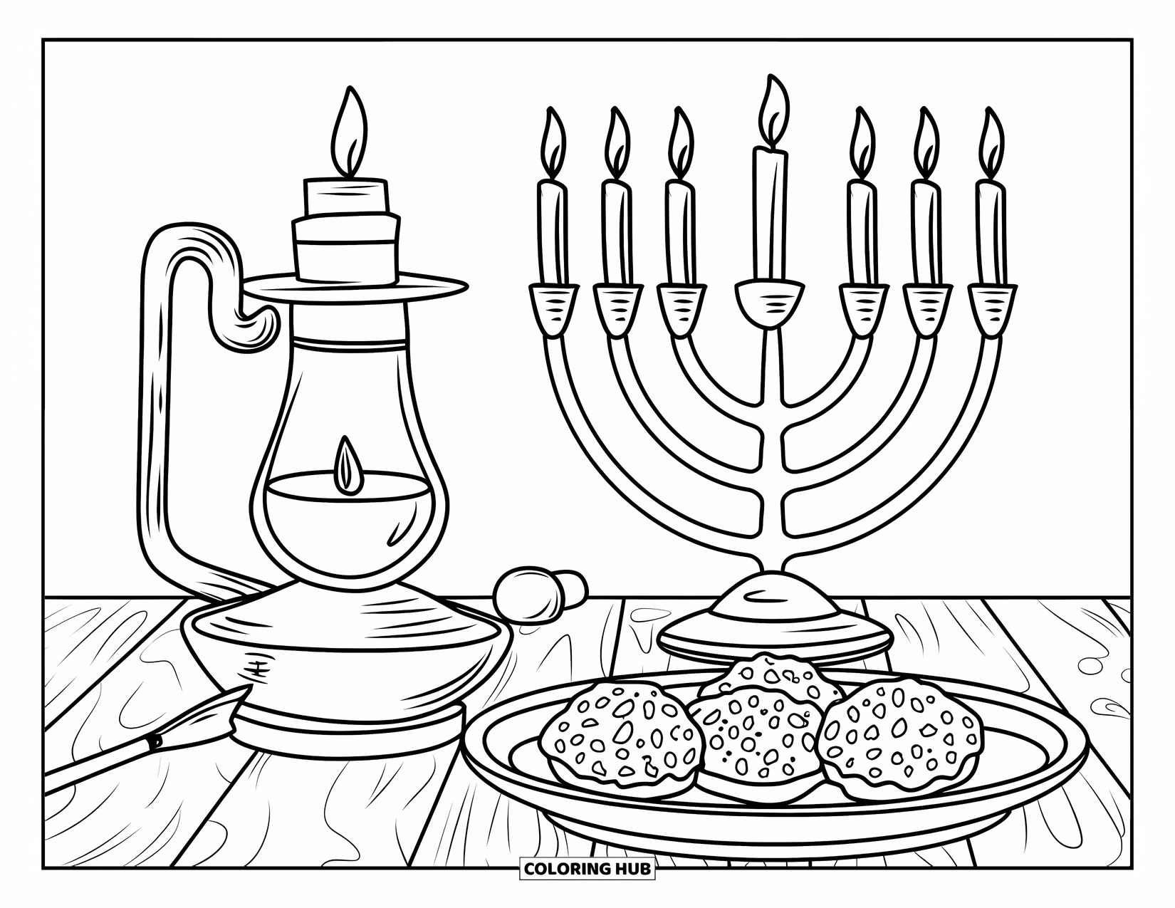 Hanukkah Coloring Page for Kids: A menorah glows beside sufganiyot and an olive oil lamp on a table