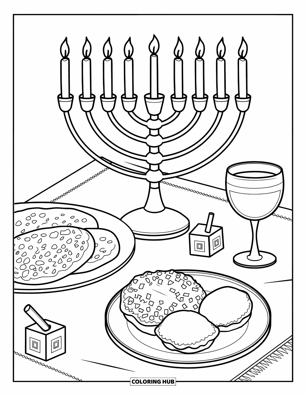 Hanukkah Coloring Page for Kids: A menorah, latkes, and brisket fill the festive dinner table
