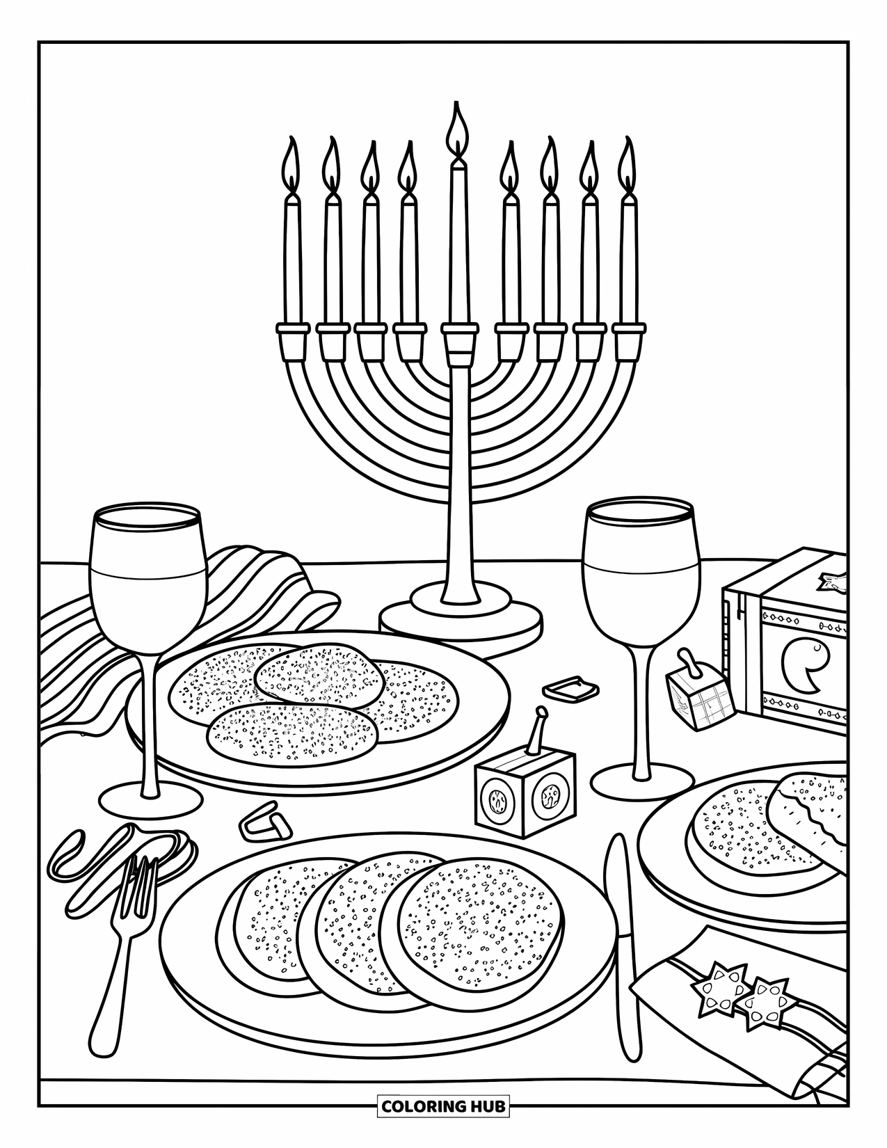 Hanukkah Coloring Page for Kids: A menorah lights a cozy dinner table set with Hanukkah food