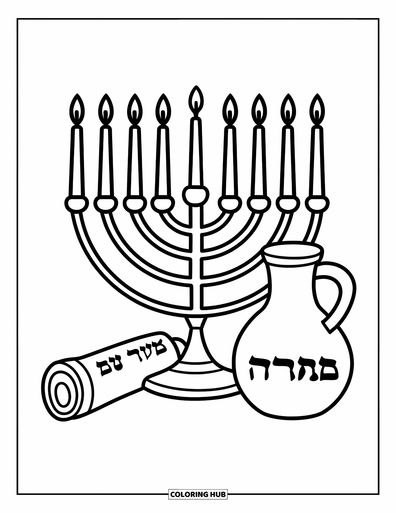 Hanukkah Coloring Page for Kids: A menorah, oil jug, and Hebrew scroll rest side by side