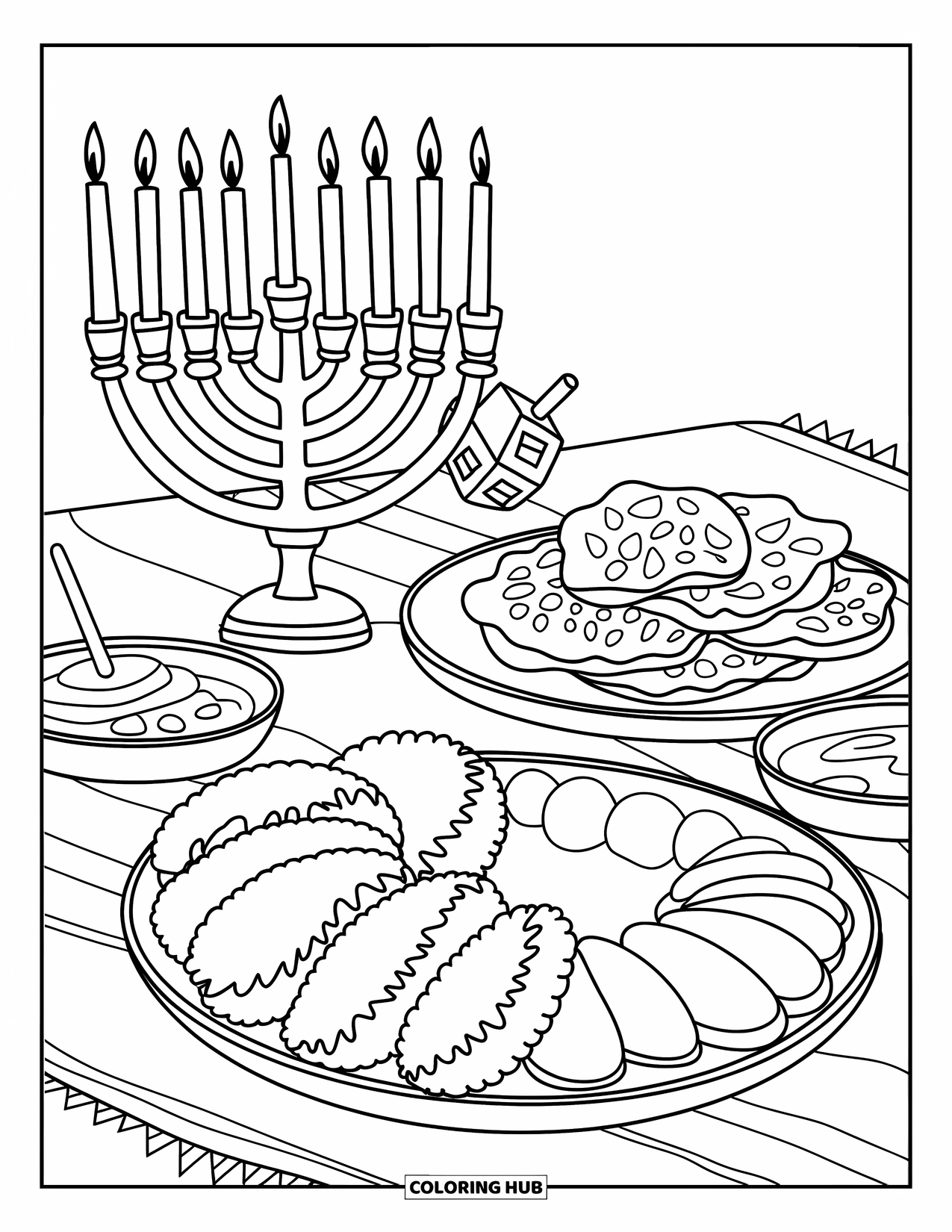Hanukkah Coloring Page for Kids: A menorah shines beside a plate of latkes and jelly treats