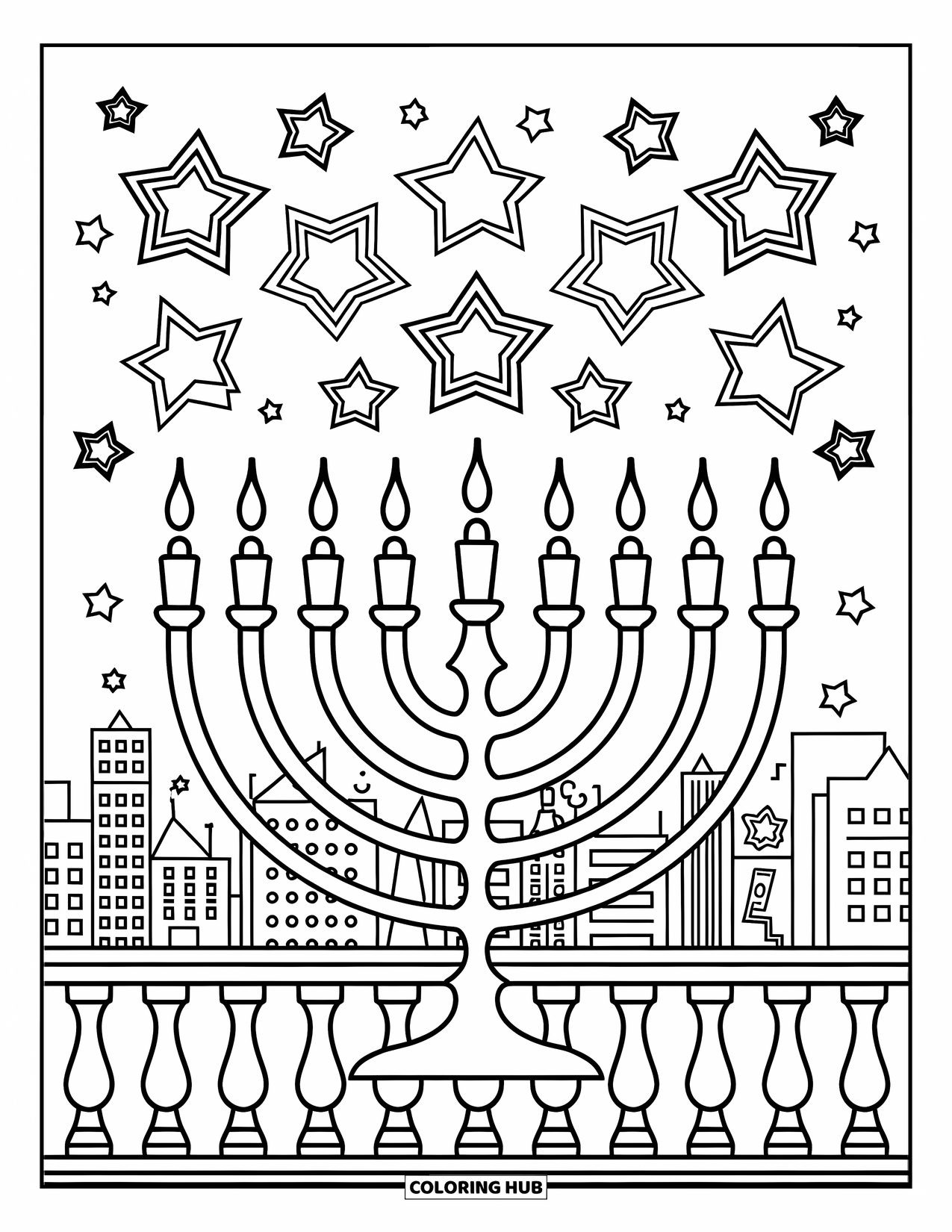 Hanukkah Coloring Page for Kids: A menorah shines brightly above the city skyline at night