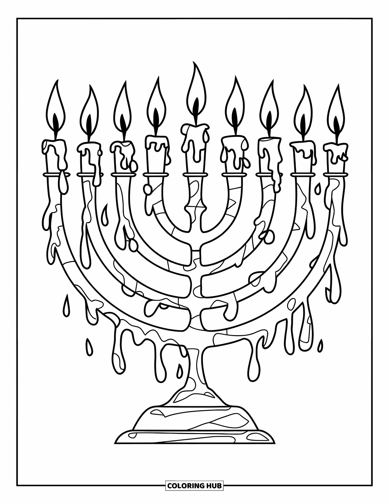 Hanukkah Coloring Page for Kids: A menorah with flickering flames lights up the quiet room