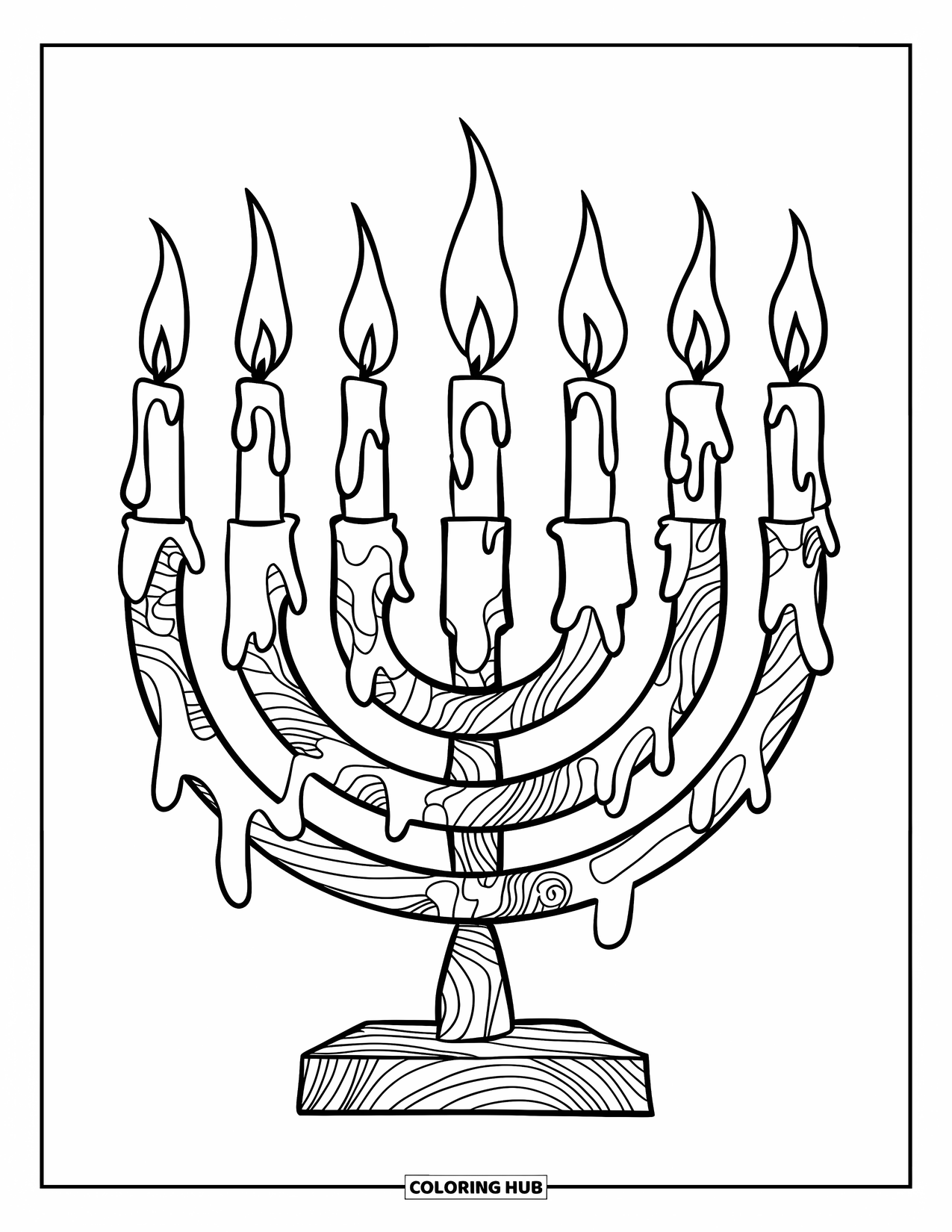Hanukkah Coloring Page for Kids: A menorah's melting candles glow warmly on a wooden base
