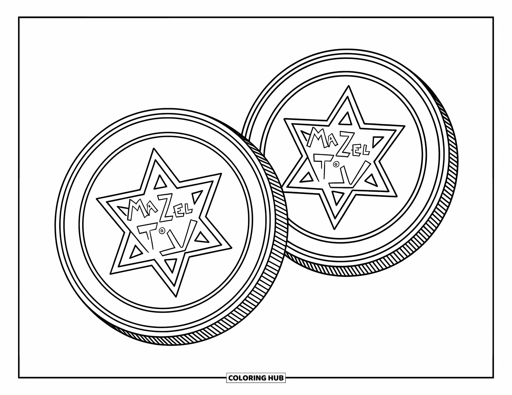 Hanukkah Coloring Page for Kids: A pair of gelt coins glimmer with stars and Hebrew letters