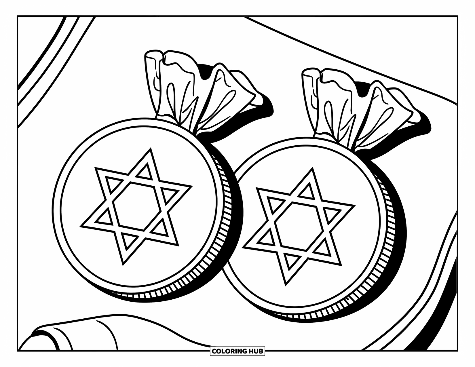 Hanukkah Coloring Page for Kids: A pair of playful gelt coins with stars sit side by side