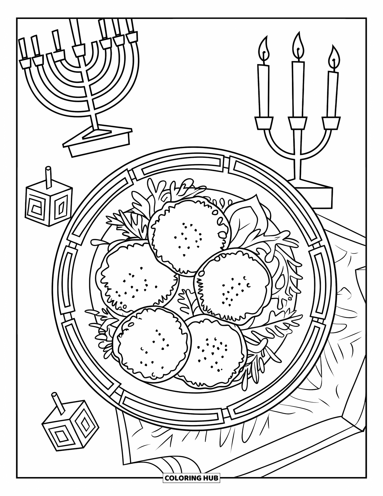 Hanukkah Coloring Page for Kids: A plate of crispy latkes sits beside a menorah and dreidels