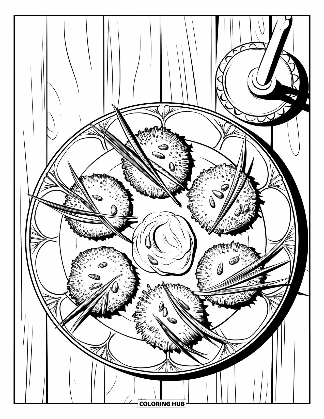 Hanukkah Coloring Page for Kids: A plate of golden latkes with onions and sour cream awaits