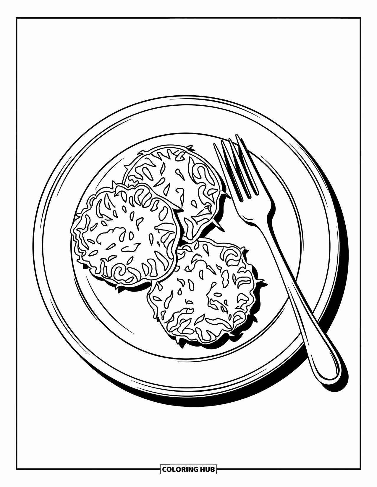 Hanukkah Coloring Page for Kids: A simple plate with latkes and a fork invites Hanukkah joy