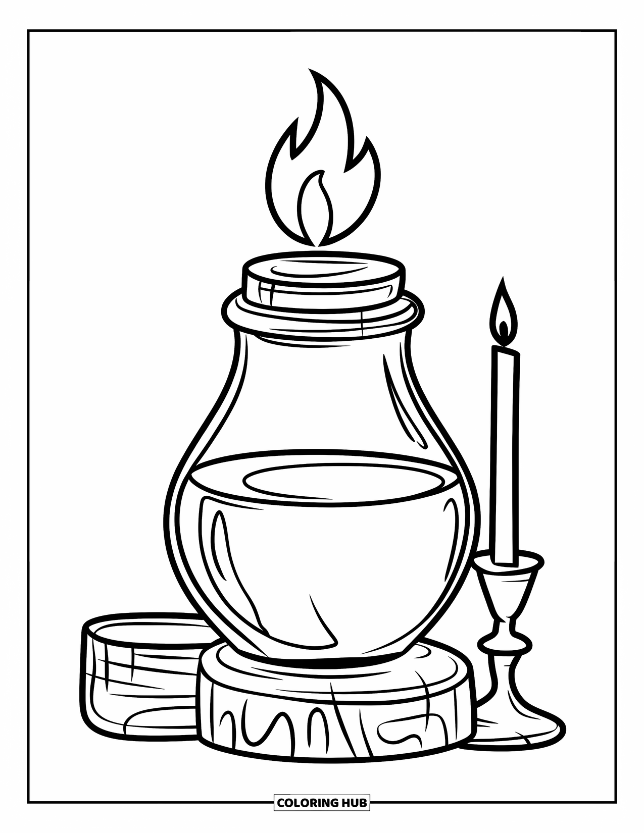 Hanukkah Coloring Page for Kids: A small oil jar with a tiny flame glows beside a menorah