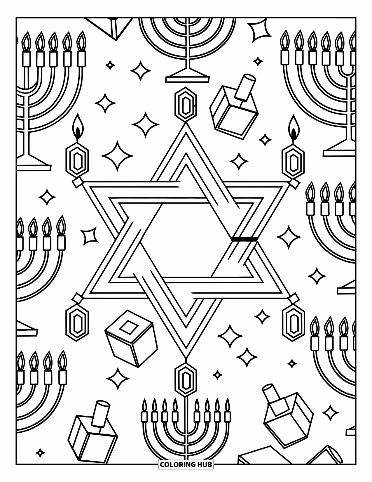Hanukkah Coloring Page for Kids: A Star of David sparkles with menorahs and dreidels nearby