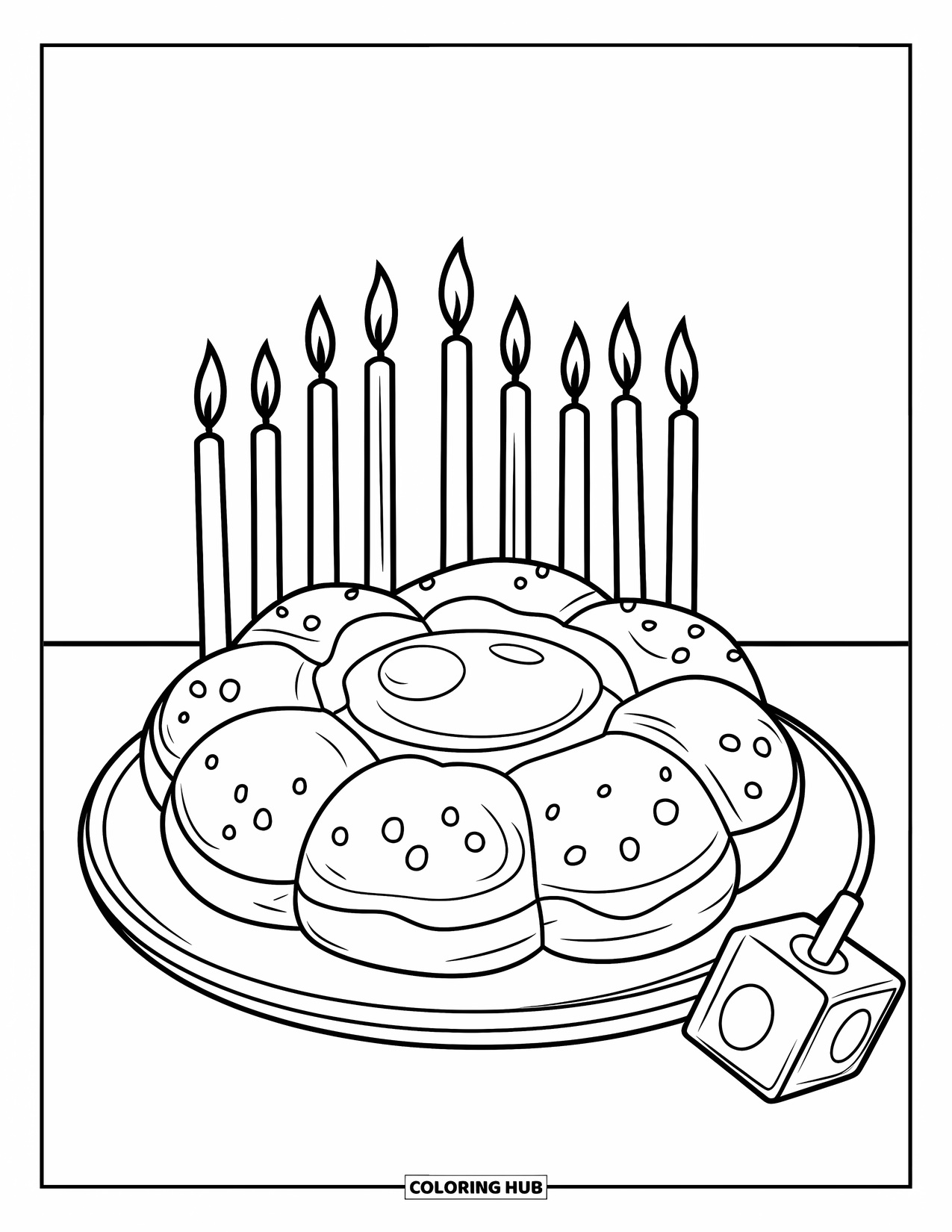 Hanukkah Coloring Page for Kids: A sufganiyah with jelly and candles shines beside a dreidel