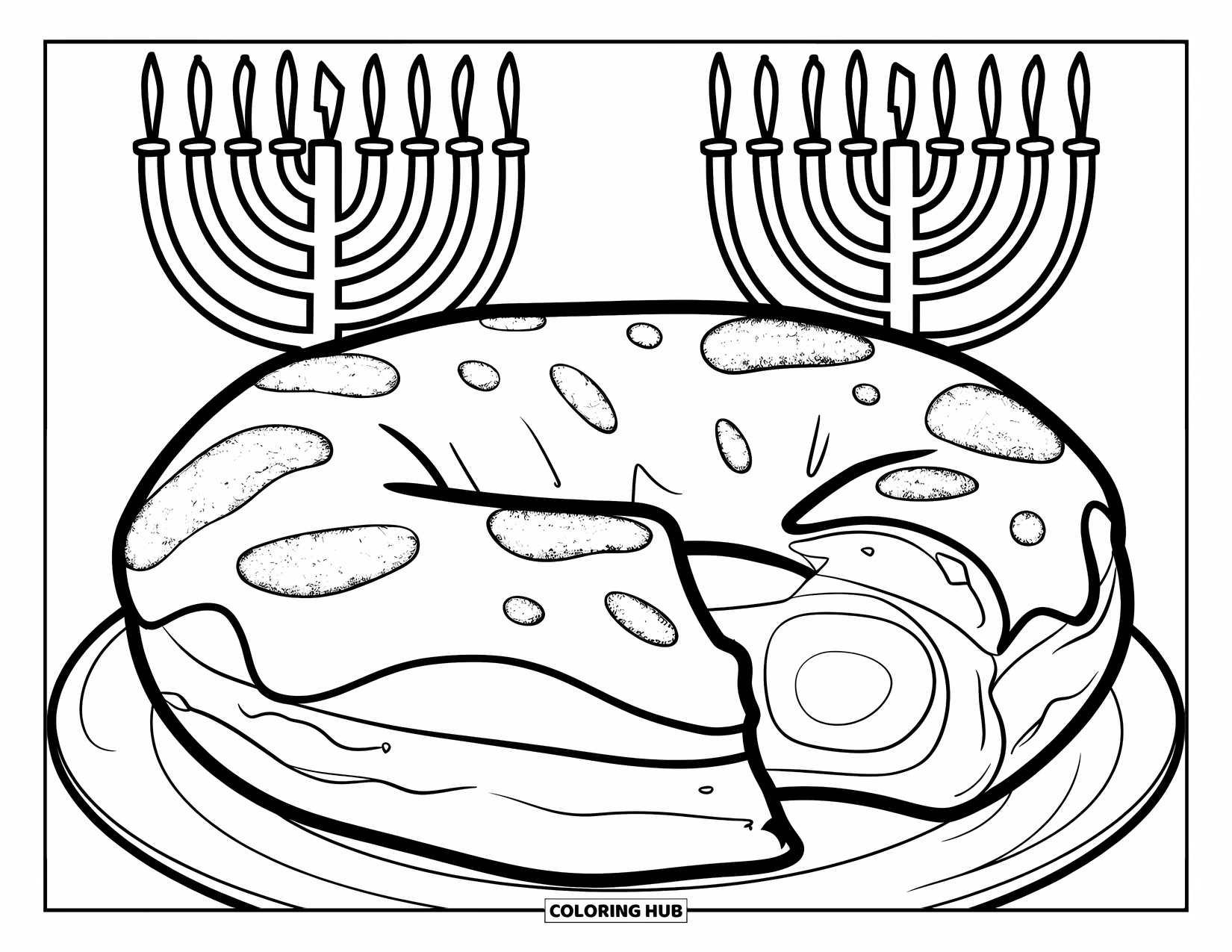 Hanukkah Coloring Page for Kids: A sweet sufganiyah with jelly sits beside shining menorahs