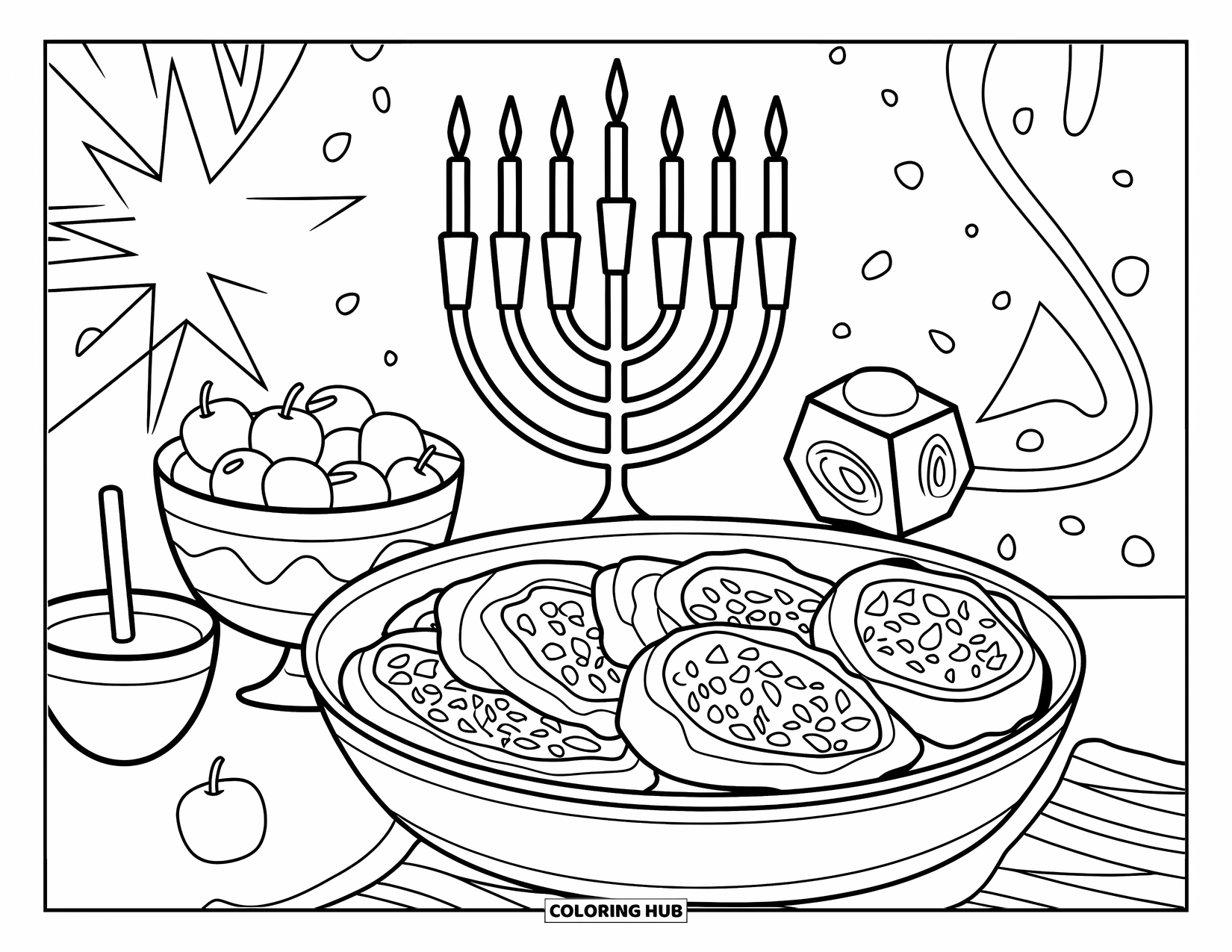 Hanukkah Coloring Page for Kids: A tray of latkes with applesauce and menorahs fills the table