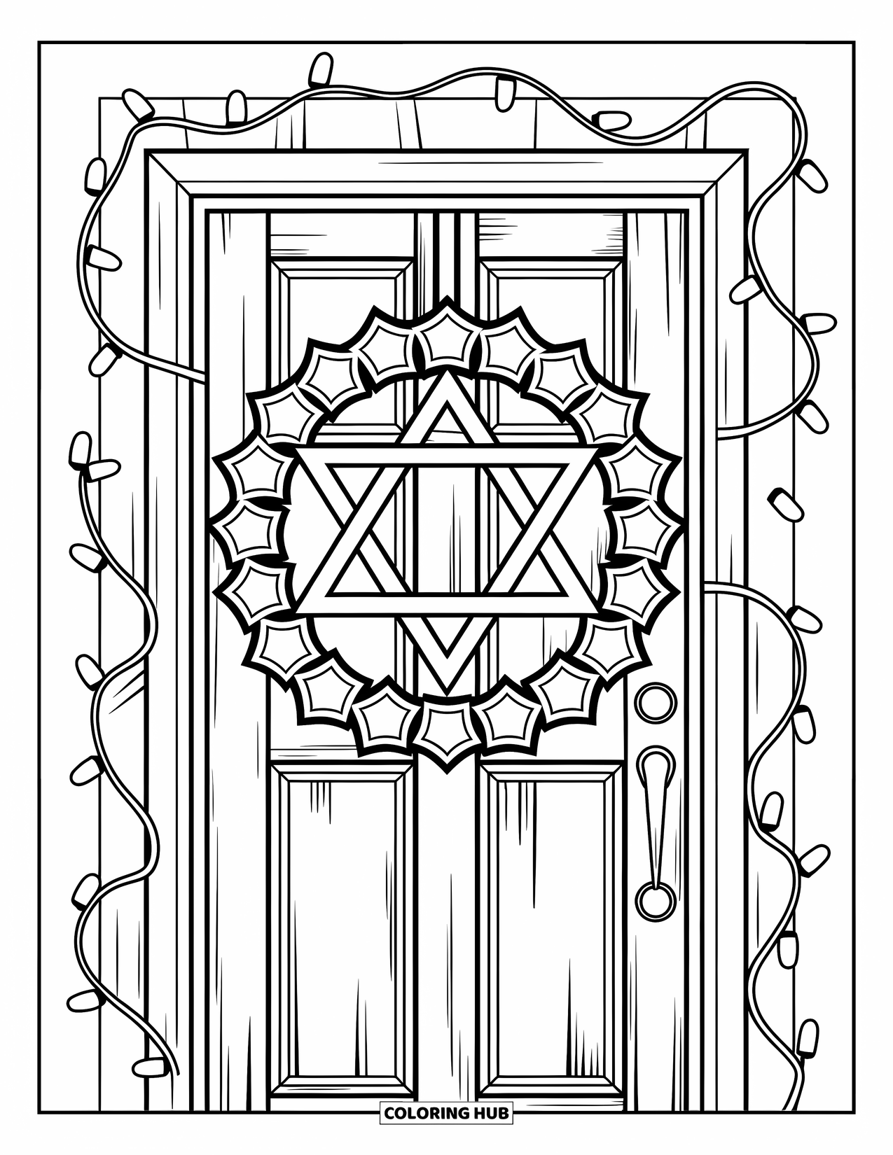 Hanukkah Coloring Page for Kids: A welcoming door glows with stars, lights, and Hanukkah spirit