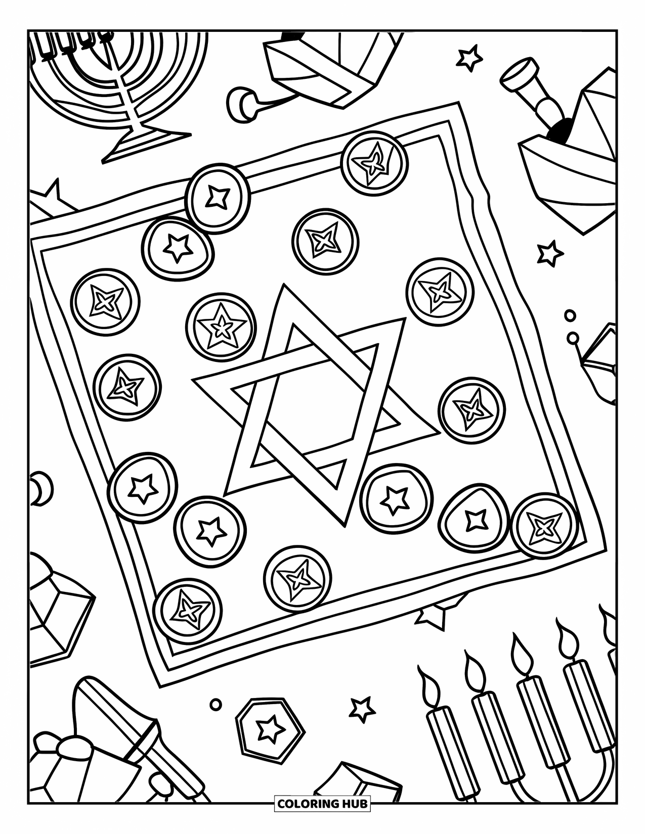 Hanukkah Coloring Page for Kids: Gelt coins and menorahs decorate a festive Hanukkah cloth