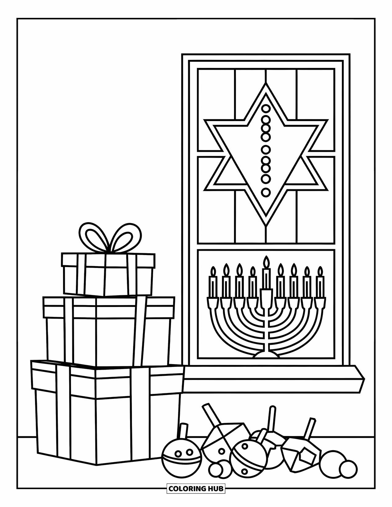 Hanukkah Coloring Page for Kids: Gift boxes and menorahs sparkle together by a cozy window