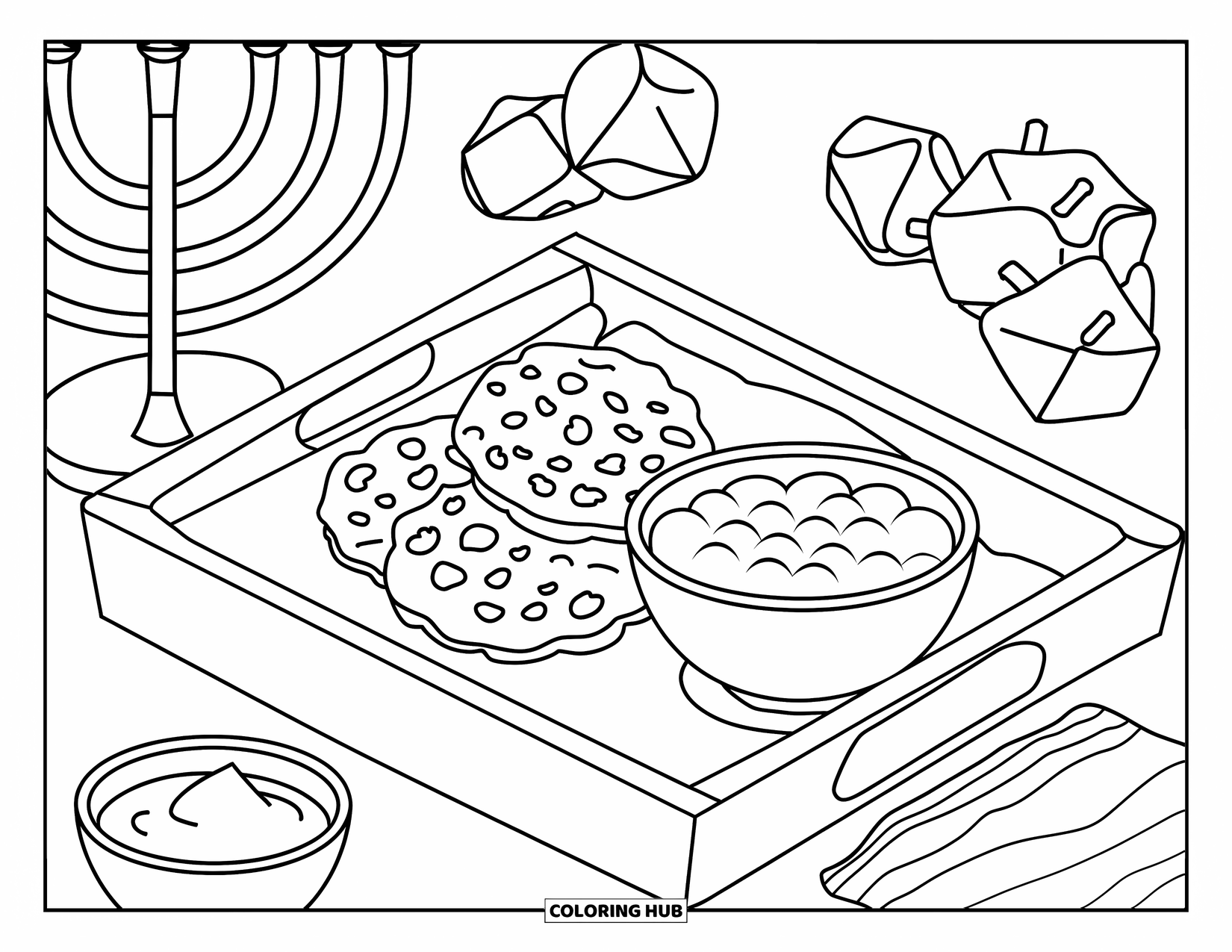 Hanukkah Coloring Page for Kids: Golden latkes with sour cream glow beside menorahs and stars