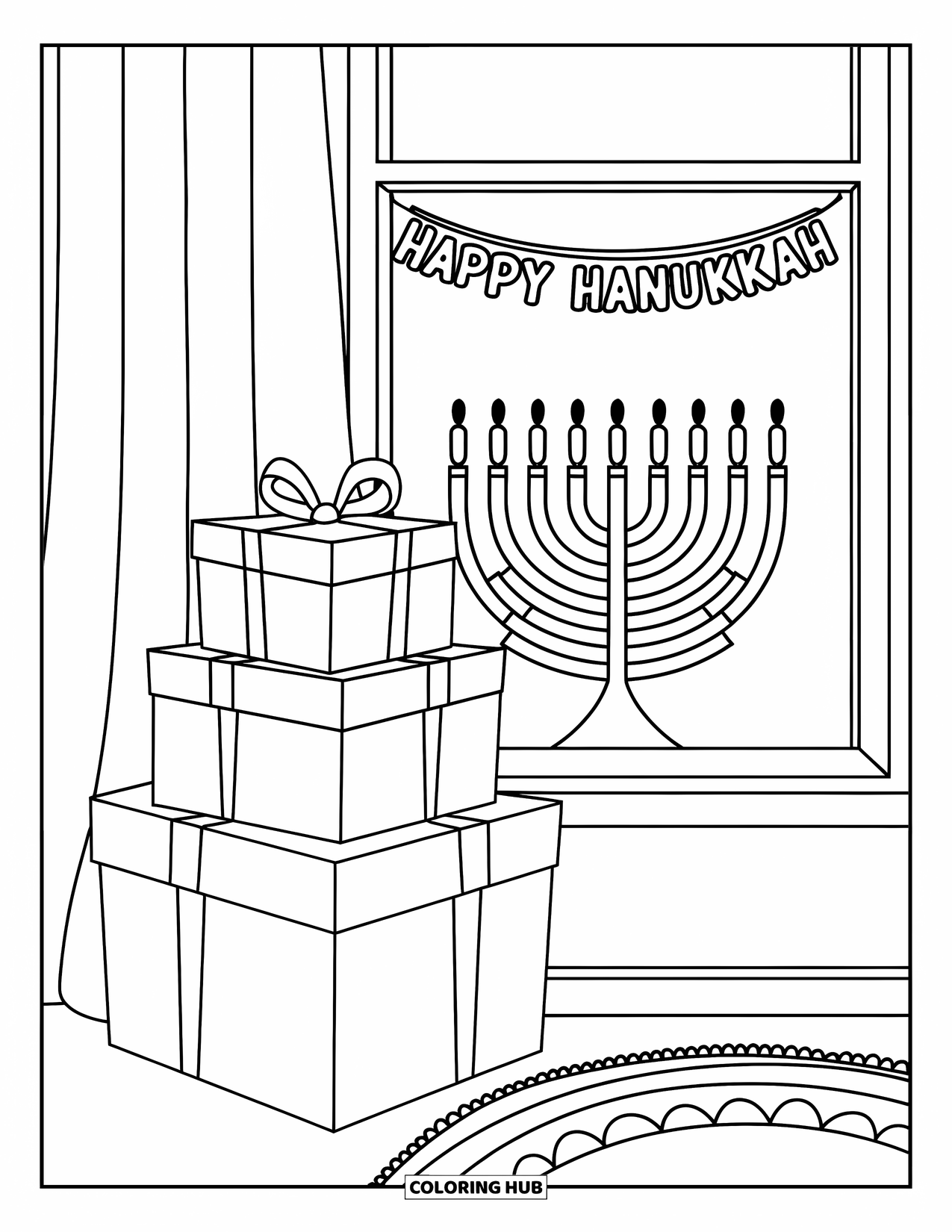 Hanukkah Coloring Page for Kids: Hanukkah presents sit under a window glowing with dreidels and stars