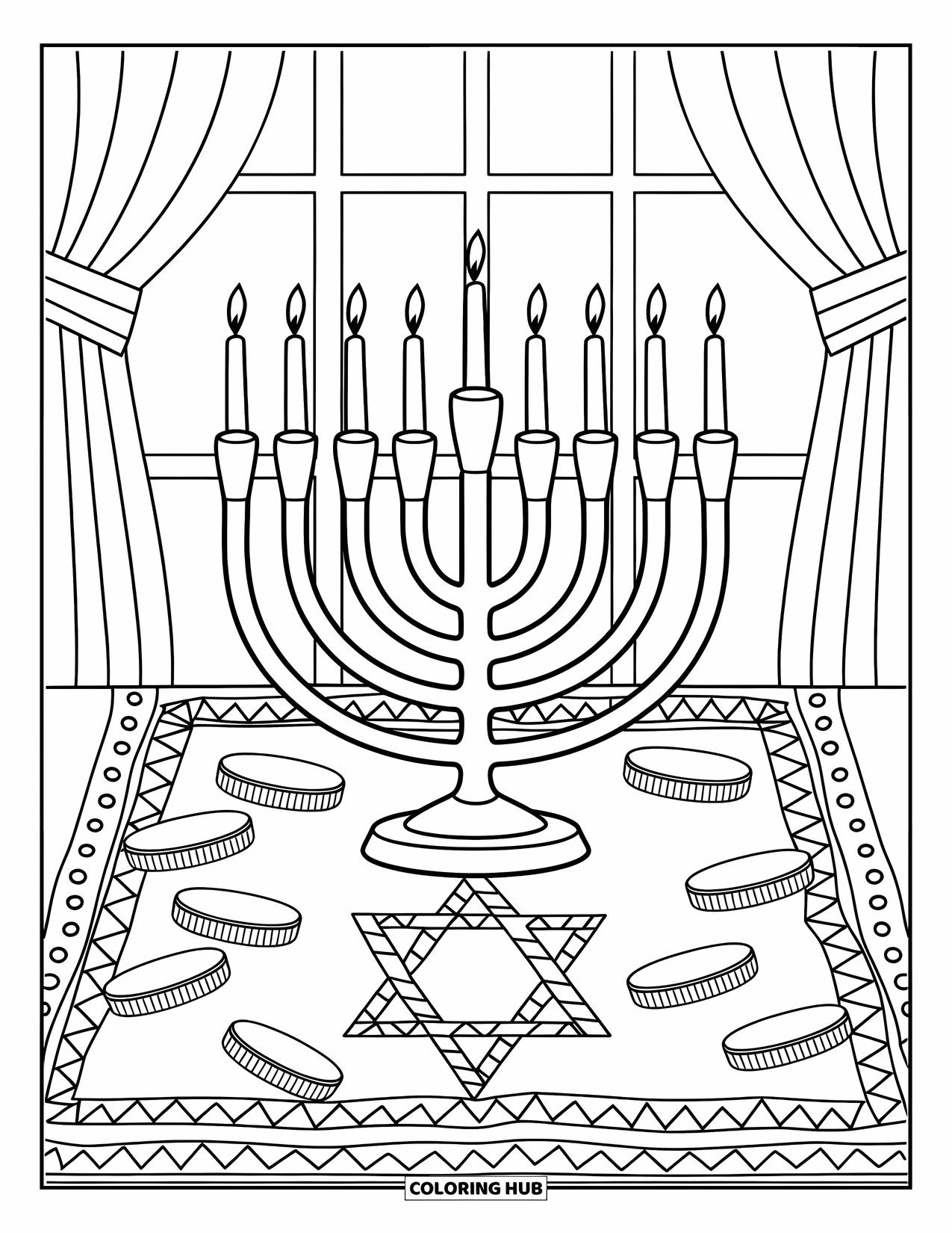 Hanukkah Coloring Page for Kids: Shiny gelt coins sparkle atop a Star of David pattern