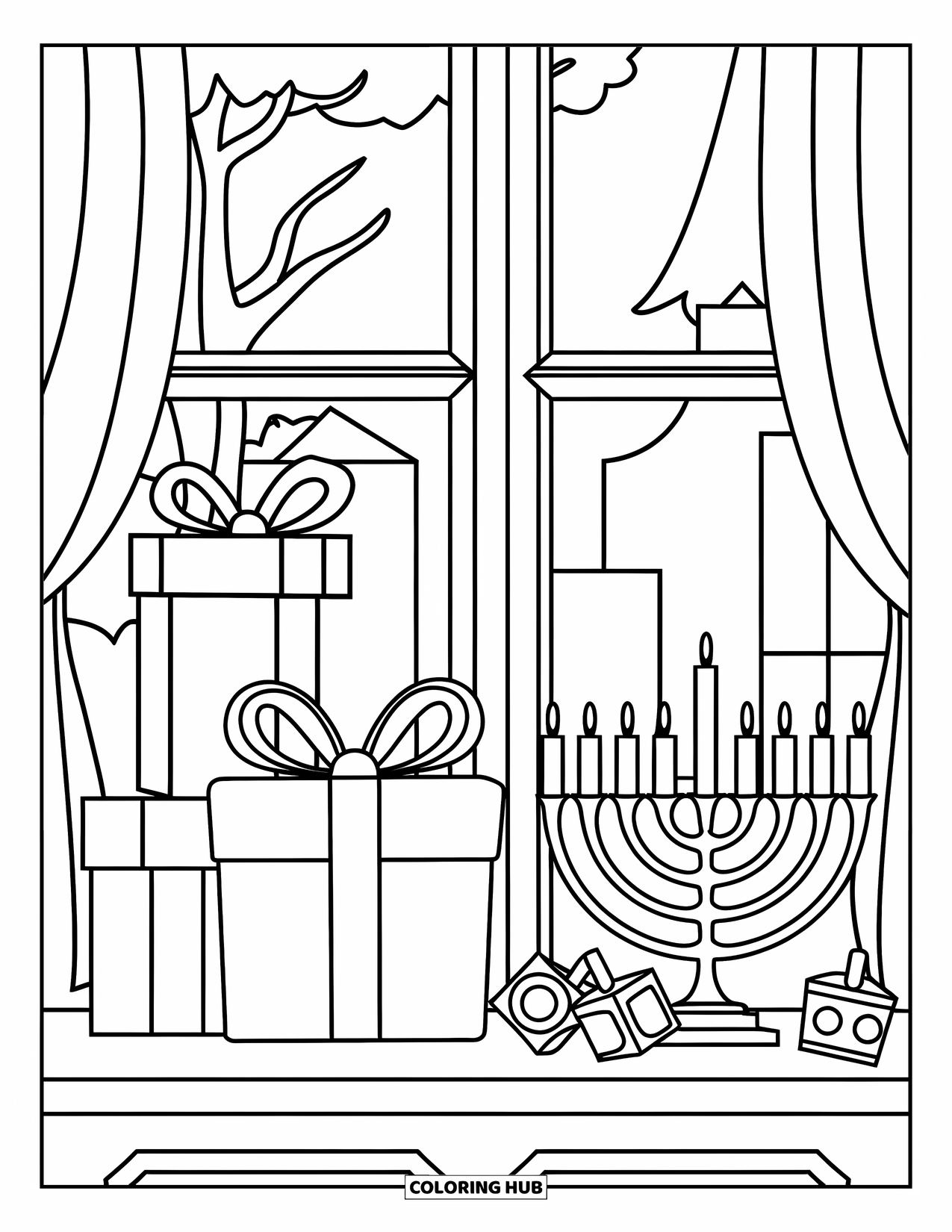 Hanukkah Coloring Page for Kids: Stacks of gifts rest beside a window decorated with menorahs