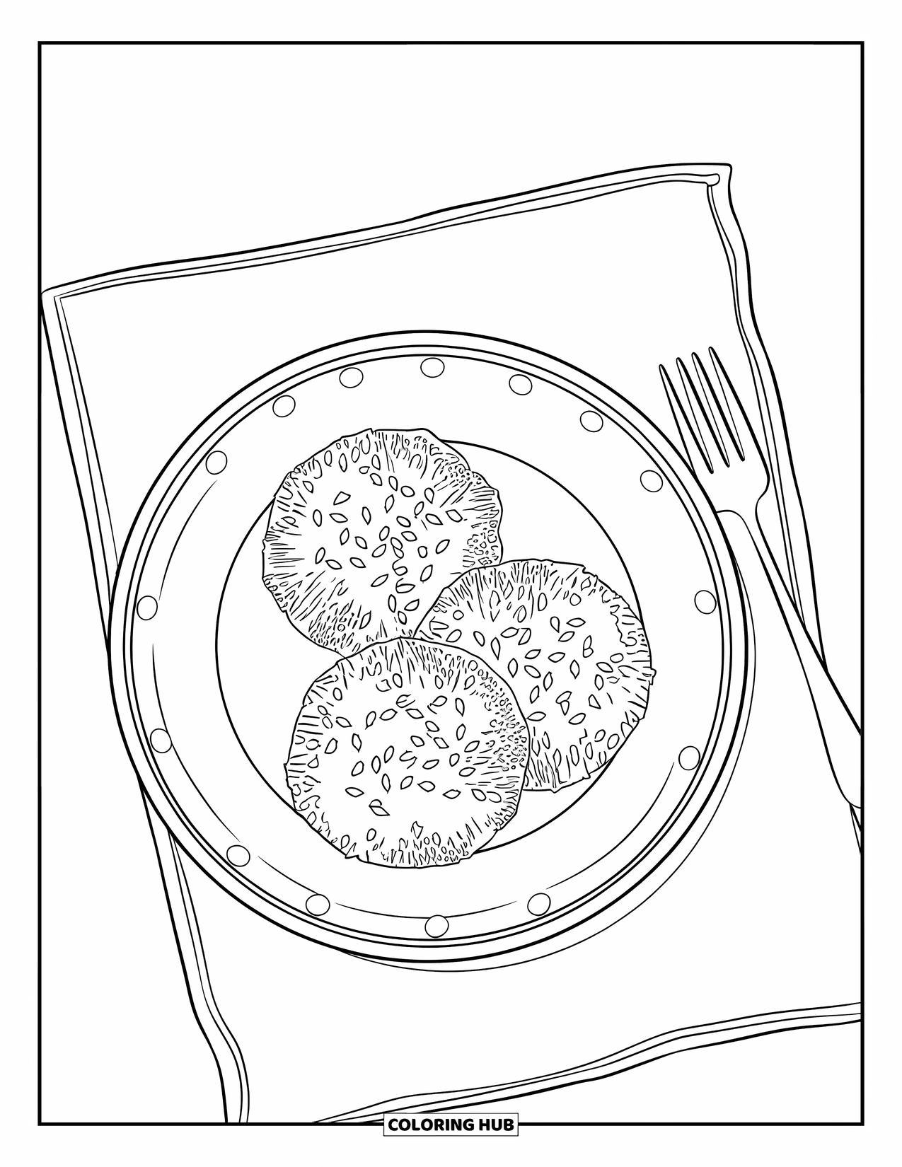 Hanukkah Coloring Page for Kids: Three warm latkes rest on a plate beside a shining fork